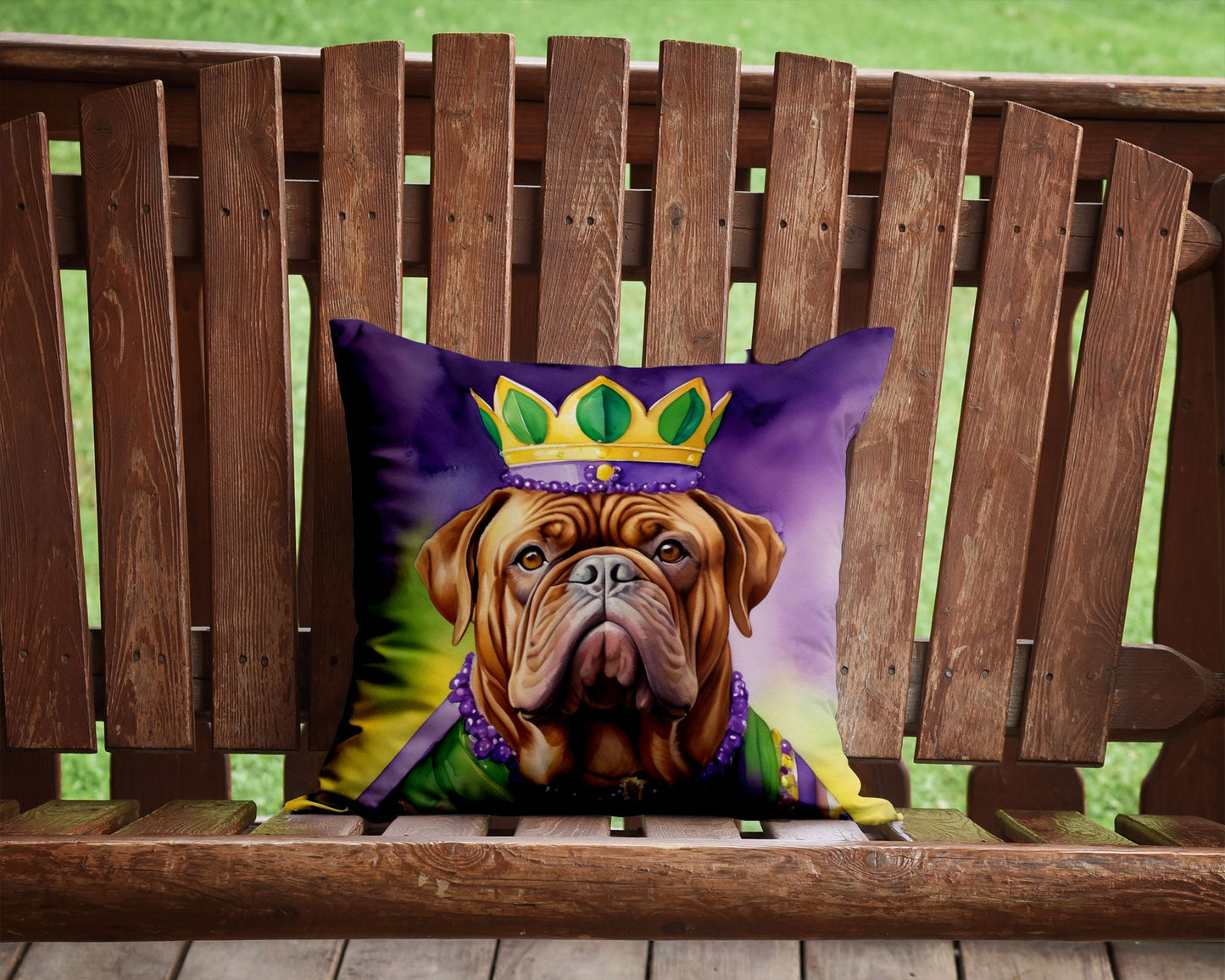 Dogue de Bordeaux King of Mardi Gras Throw Pillow Machine Washable, Indoor Outdoor Decorative Pillow for Couch, Bed or Patio, 14Hx14W