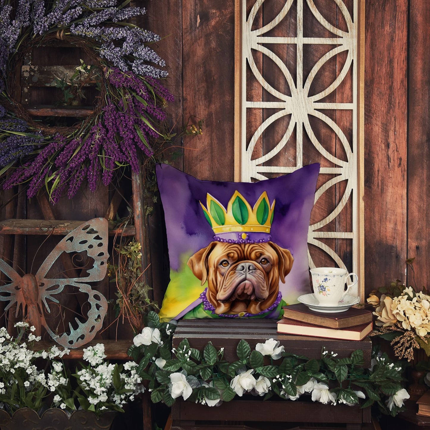 Dogue de Bordeaux King of Mardi Gras Throw Pillow Machine Washable, Indoor Outdoor Decorative Pillow for Couch, Bed or Patio, 14Hx14W