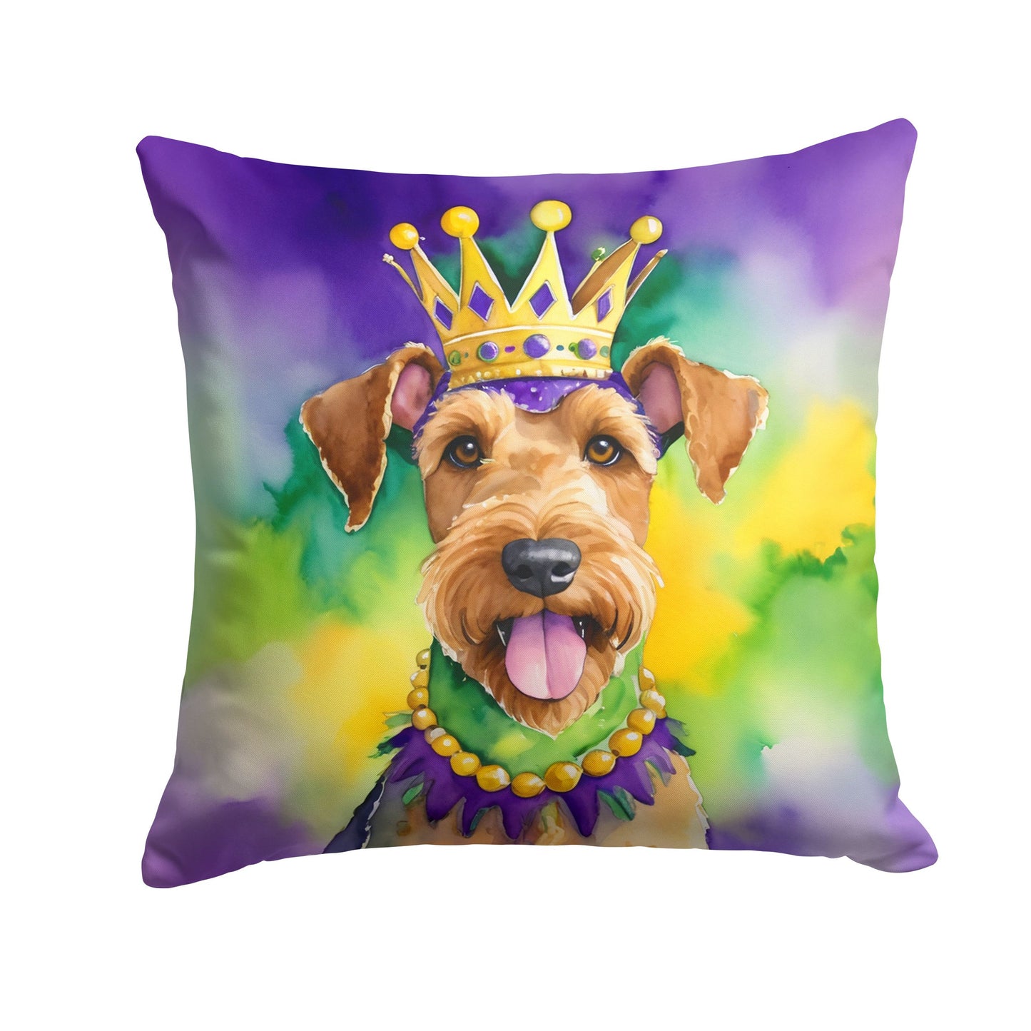 Airedale Terrier King of Mardi Gras Throw Pillow Machine Washable, Indoor Outdoor Decorative Pillow for Couch, Bed or Patio, 14Hx14W