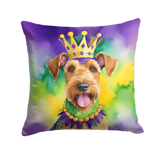 Airedale Terrier King of Mardi Gras Throw Pillow Machine Washable, Indoor Outdoor Decorative Pillow for Couch, Bed or Patio, 14Hx14W
