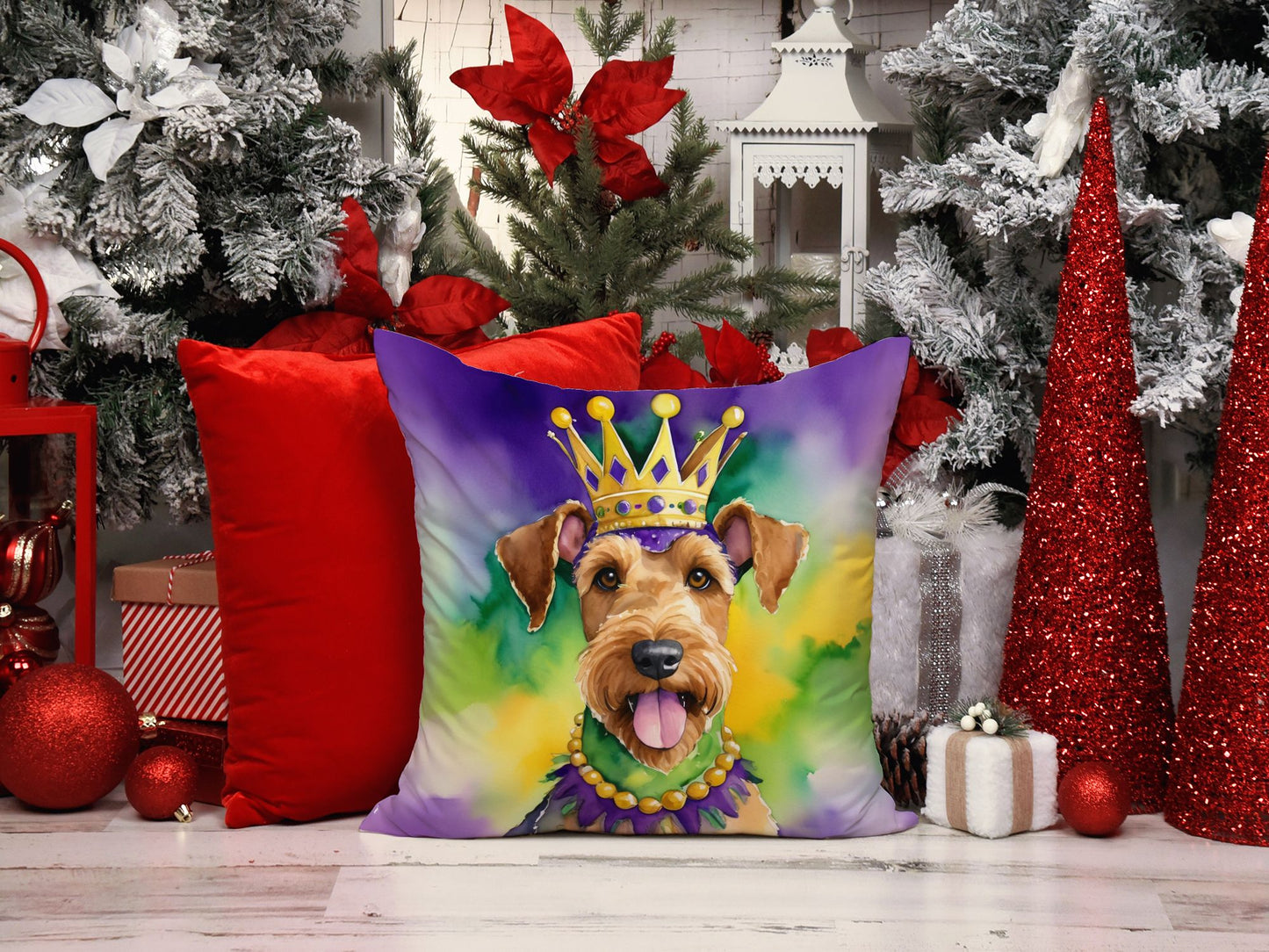 Airedale Terrier King of Mardi Gras Throw Pillow Machine Washable, Indoor Outdoor Decorative Pillow for Couch, Bed or Patio, 14Hx14W
