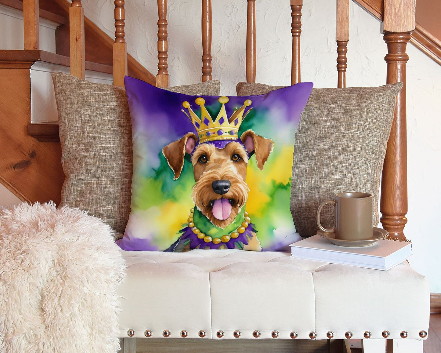 Airedale Terrier King of Mardi Gras Throw Pillow Machine Washable, Indoor Outdoor Decorative Pillow for Couch, Bed or Patio, 14Hx14W