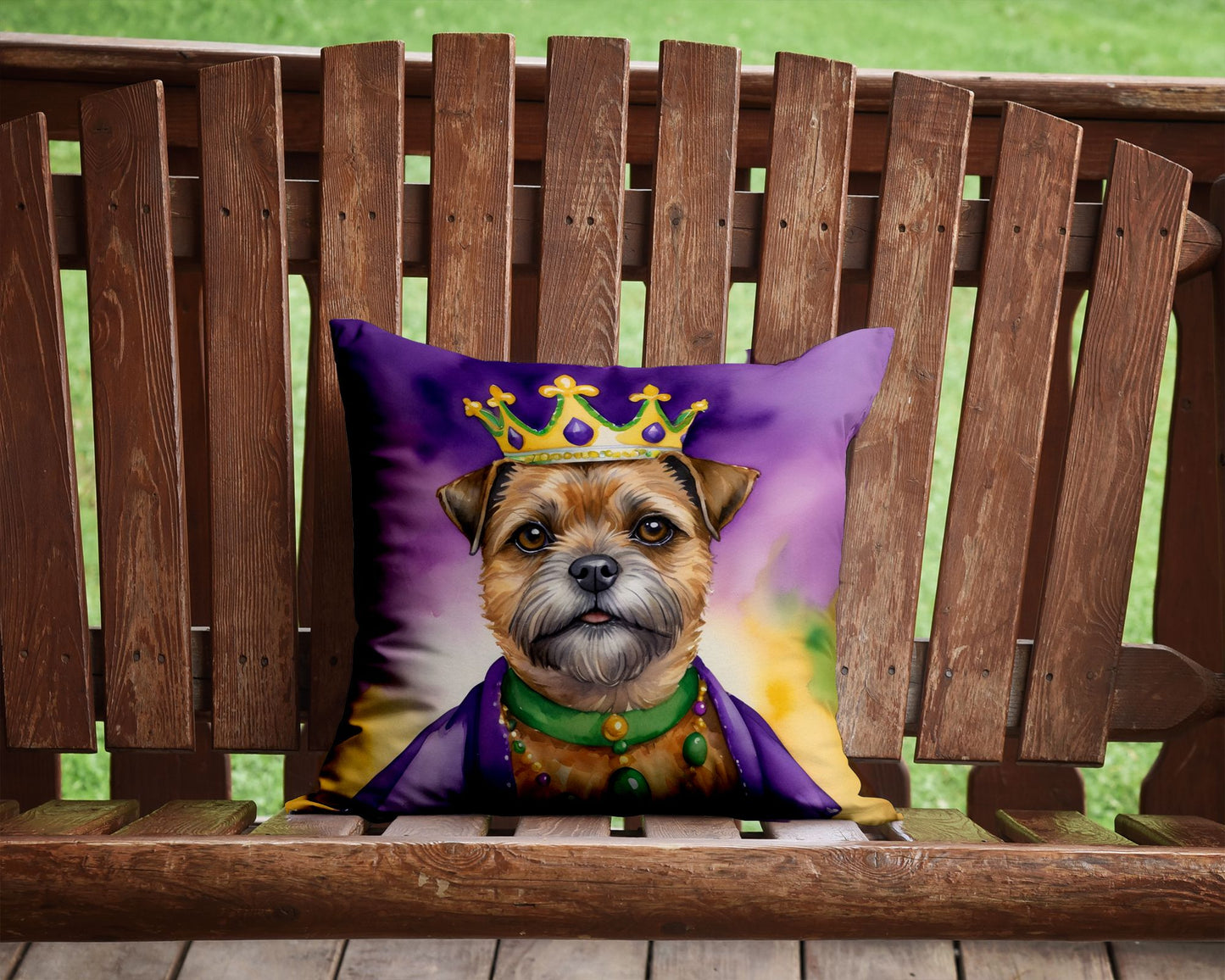 Border Terrier King of Mardi Gras Throw Pillow Machine Washable, Indoor Outdoor Decorative Pillow for Couch, Bed or Patio, 14Hx14W