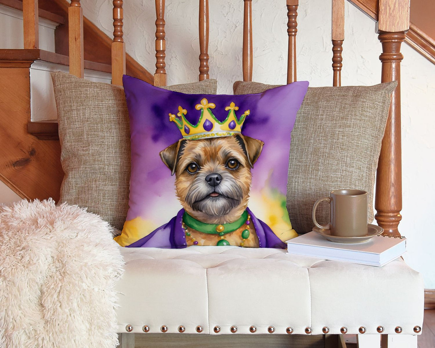 Border Terrier King of Mardi Gras Throw Pillow Machine Washable, Indoor Outdoor Decorative Pillow for Couch, Bed or Patio, 14Hx14W
