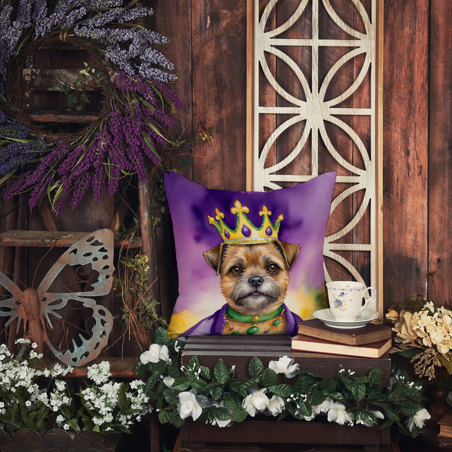 Border Terrier King of Mardi Gras Throw Pillow Machine Washable, Indoor Outdoor Decorative Pillow for Couch, Bed or Patio, 14Hx14W