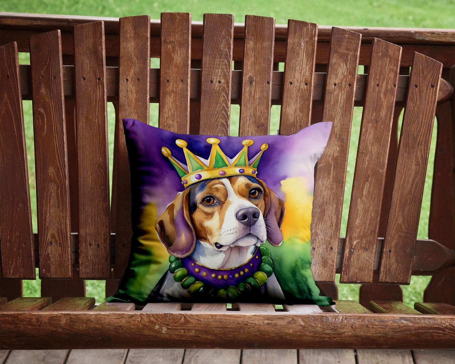 Beagle King of Mardi Gras Throw Pillow Machine Washable, Indoor Outdoor Decorative Pillow for Couch, Bed or Patio, 14Hx14W