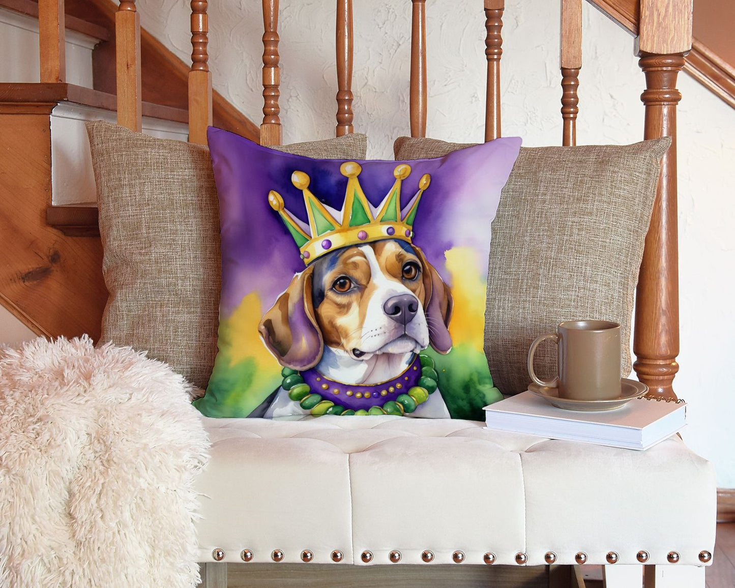 Beagle King of Mardi Gras Throw Pillow Machine Washable, Indoor Outdoor Decorative Pillow for Couch, Bed or Patio, 14Hx14W