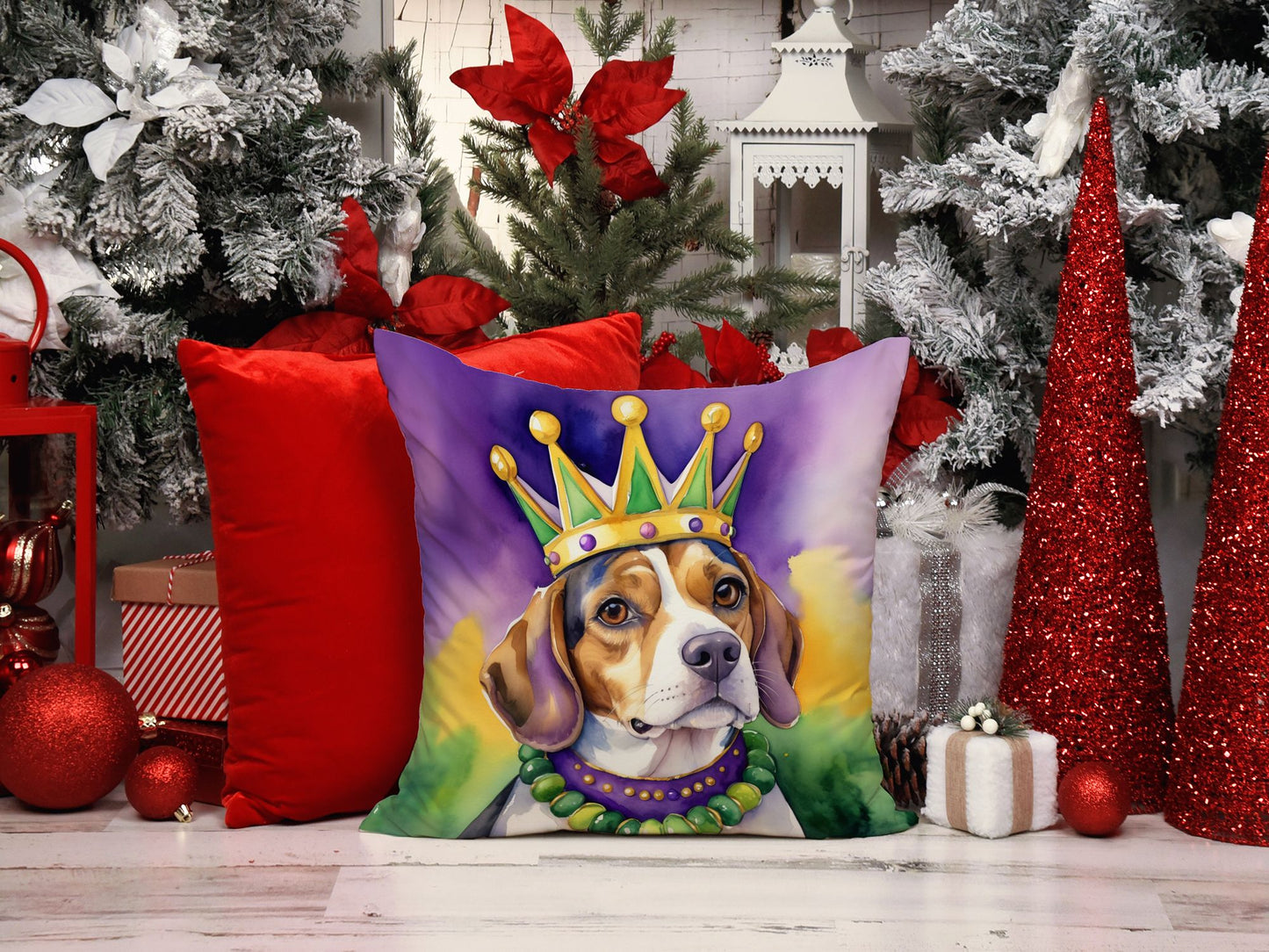 Beagle King of Mardi Gras Throw Pillow Machine Washable, Indoor Outdoor Decorative Pillow for Couch, Bed or Patio, 14Hx14W