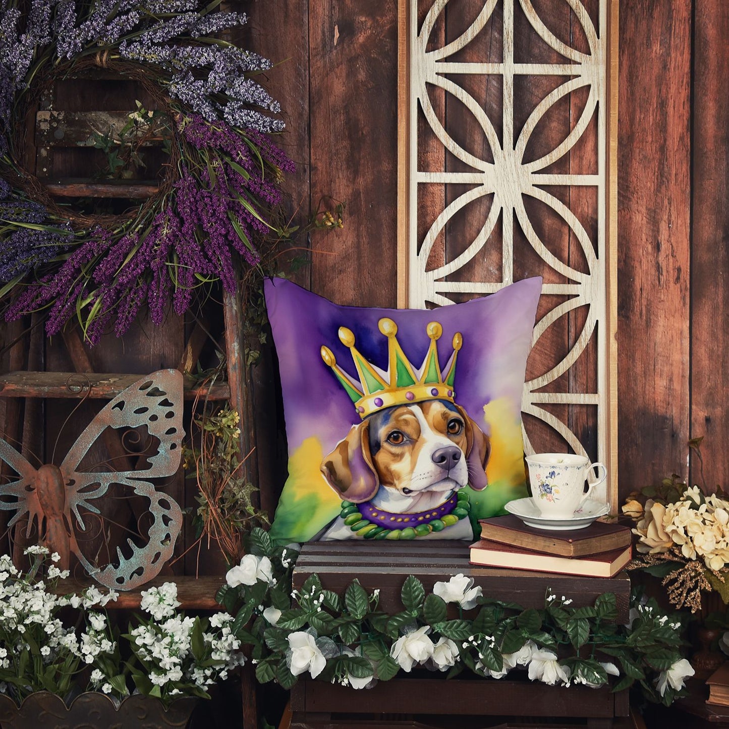 Beagle King of Mardi Gras Throw Pillow Machine Washable, Indoor Outdoor Decorative Pillow for Couch, Bed or Patio, 14Hx14W