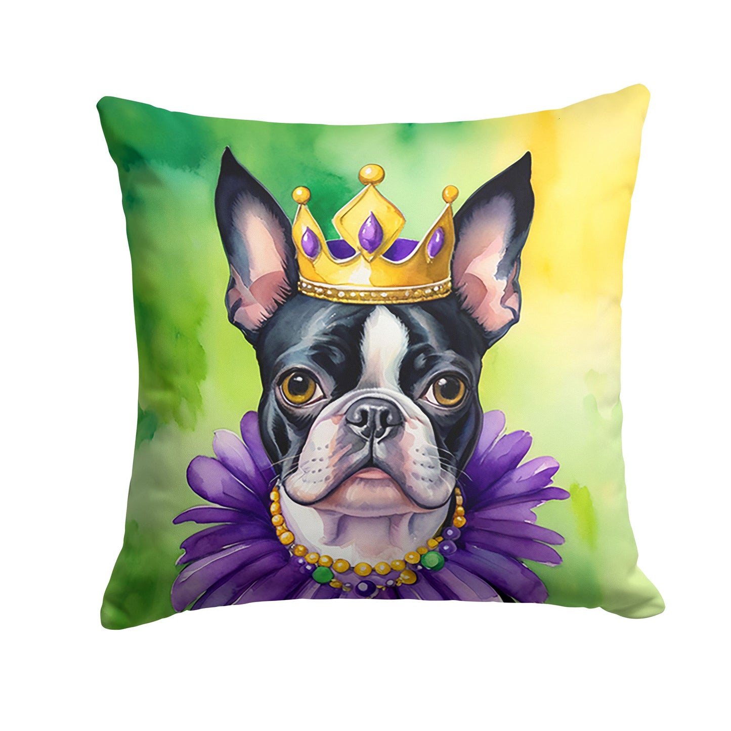 Boston Terrier King of Mardi Gras Throw Pillow Machine Washable, Indoor Outdoor Decorative Pillow for Couch, Bed or Patio, 18Hx18W