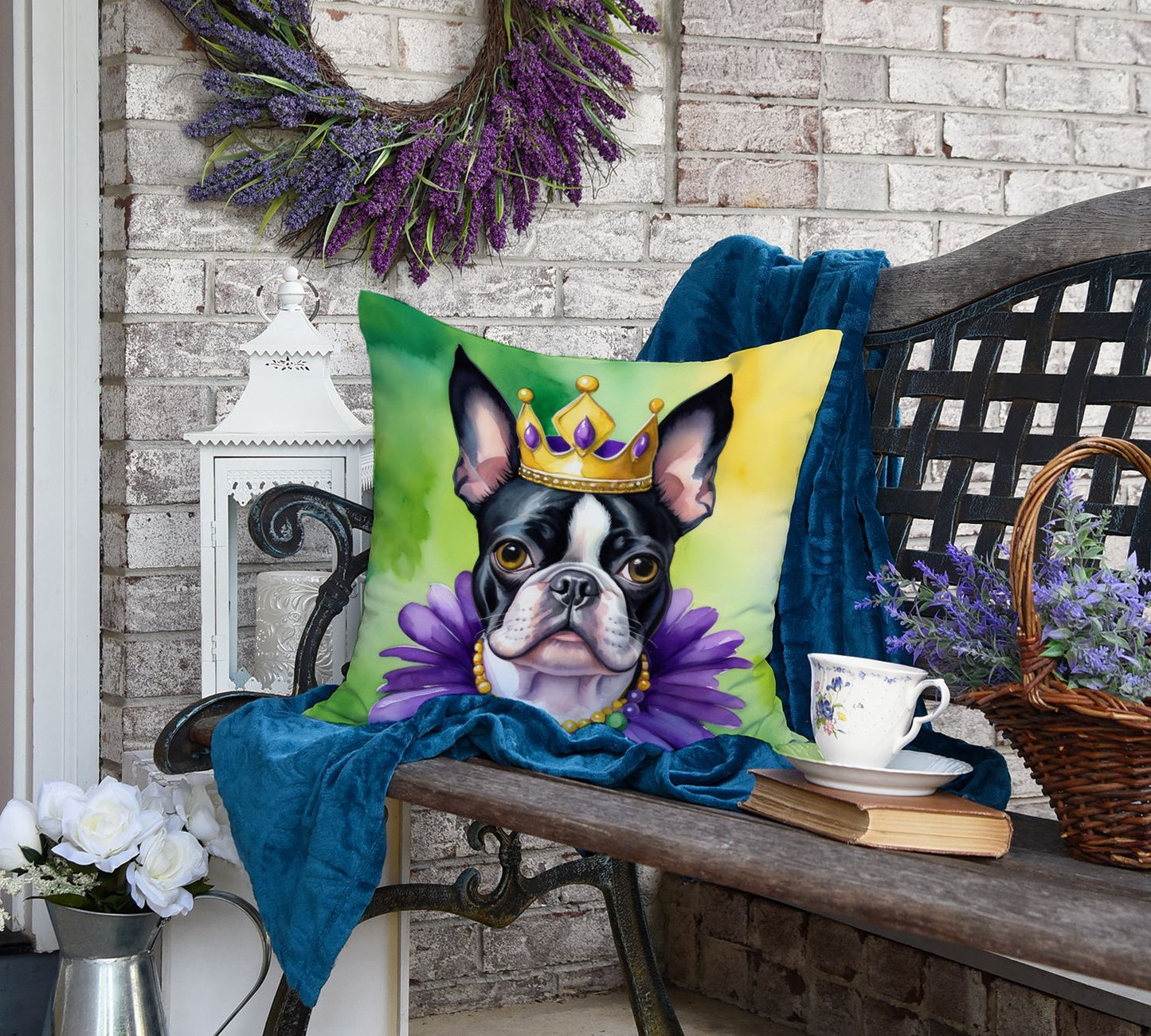 Boston Terrier King of Mardi Gras Throw Pillow Machine Washable, Indoor Outdoor Decorative Pillow for Couch, Bed or Patio, 18Hx18W