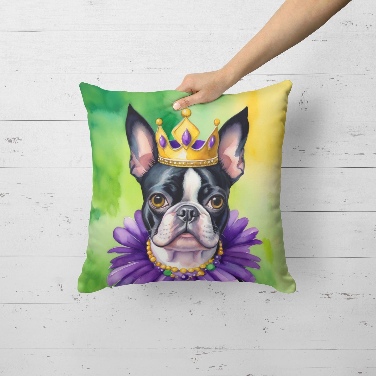 Boston Terrier King of Mardi Gras Throw Pillow Machine Washable, Indoor Outdoor Decorative Pillow for Couch, Bed or Patio, 18Hx18W