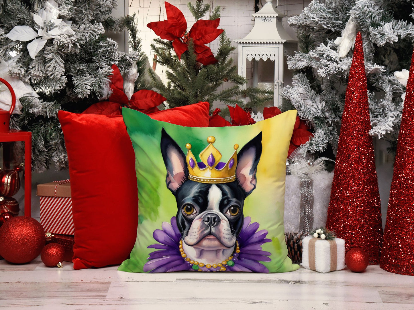 Boston Terrier King of Mardi Gras Throw Pillow Machine Washable, Indoor Outdoor Decorative Pillow for Couch, Bed or Patio, 18Hx18W