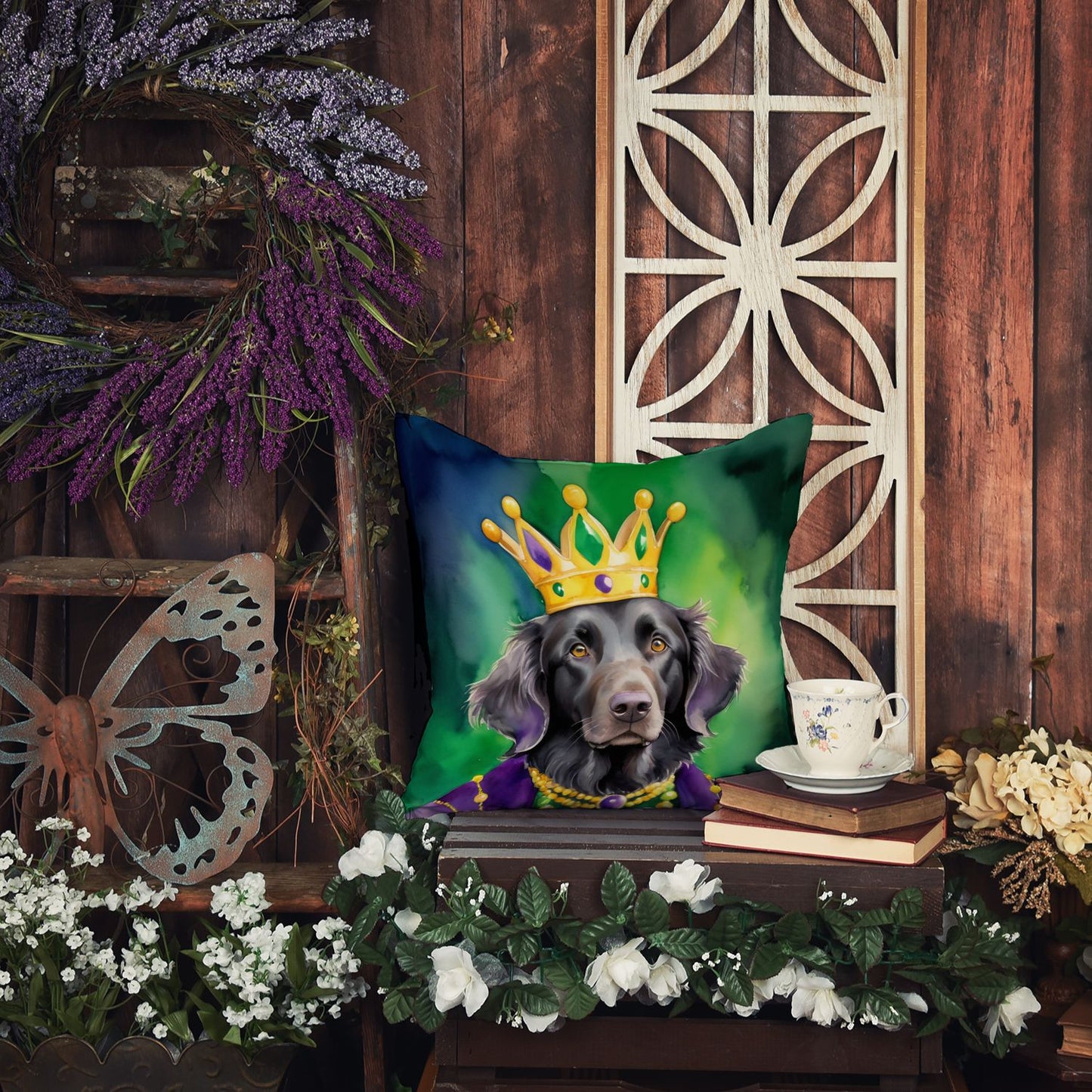 Flat-Coated Retriever King of Mardi Gras Throw Pillow Machine Washable, Indoor Outdoor Decorative Pillow for Couch, Bed or Patio, 18Hx18W