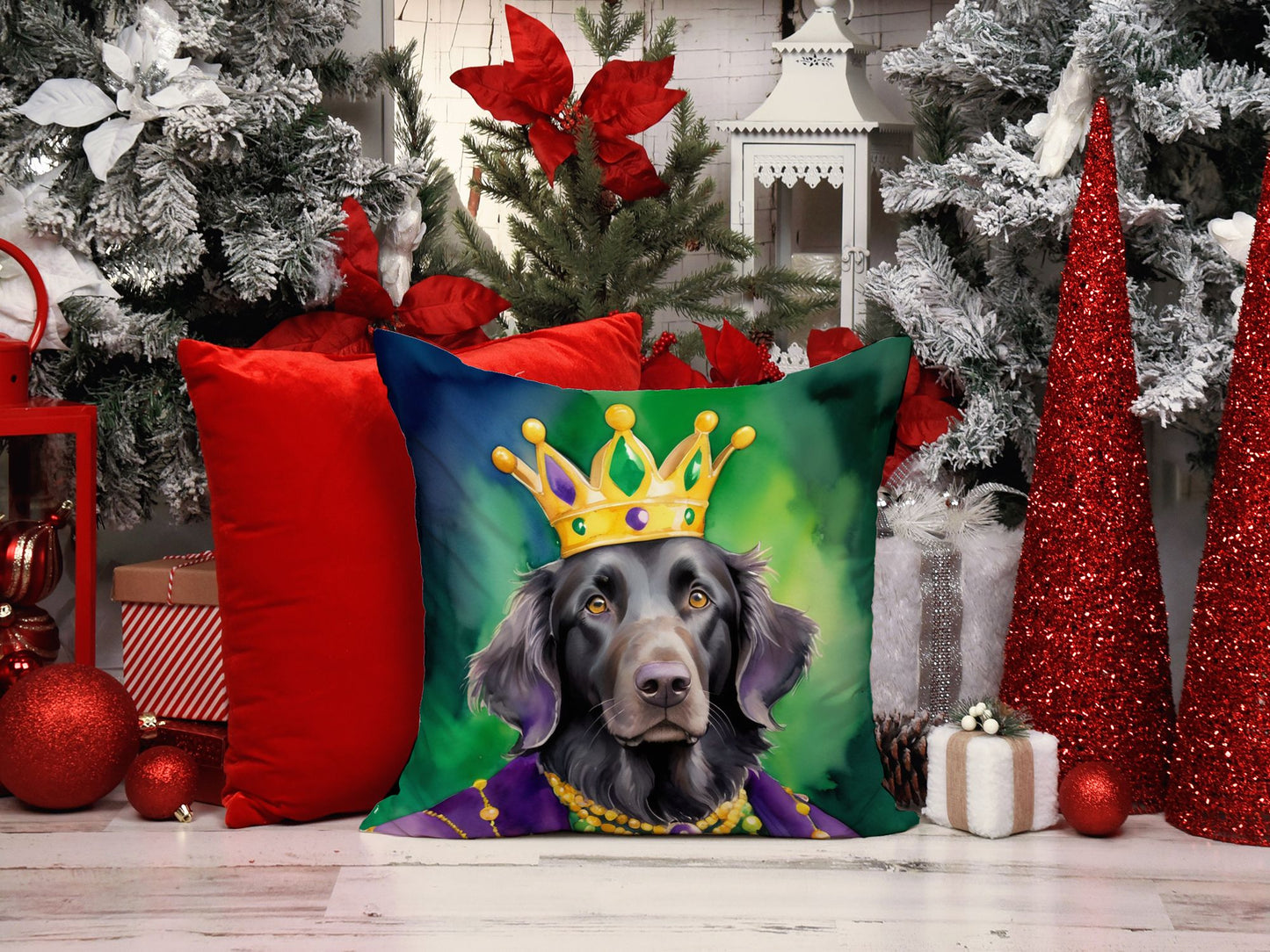 Flat-Coated Retriever King of Mardi Gras Throw Pillow Machine Washable, Indoor Outdoor Decorative Pillow for Couch, Bed or Patio, 18Hx18W