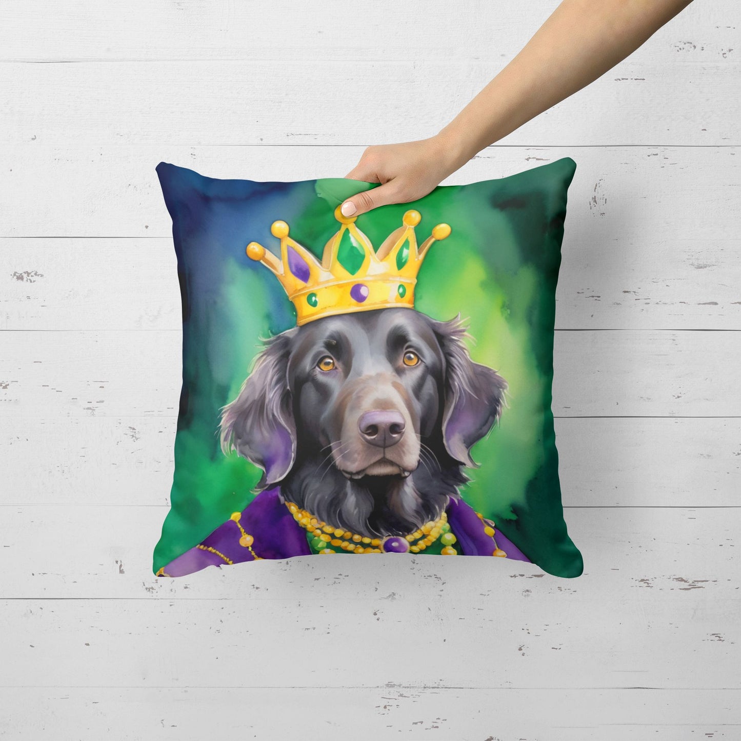 Flat-Coated Retriever King of Mardi Gras Throw Pillow Machine Washable, Indoor Outdoor Decorative Pillow for Couch, Bed or Patio, 18Hx18W
