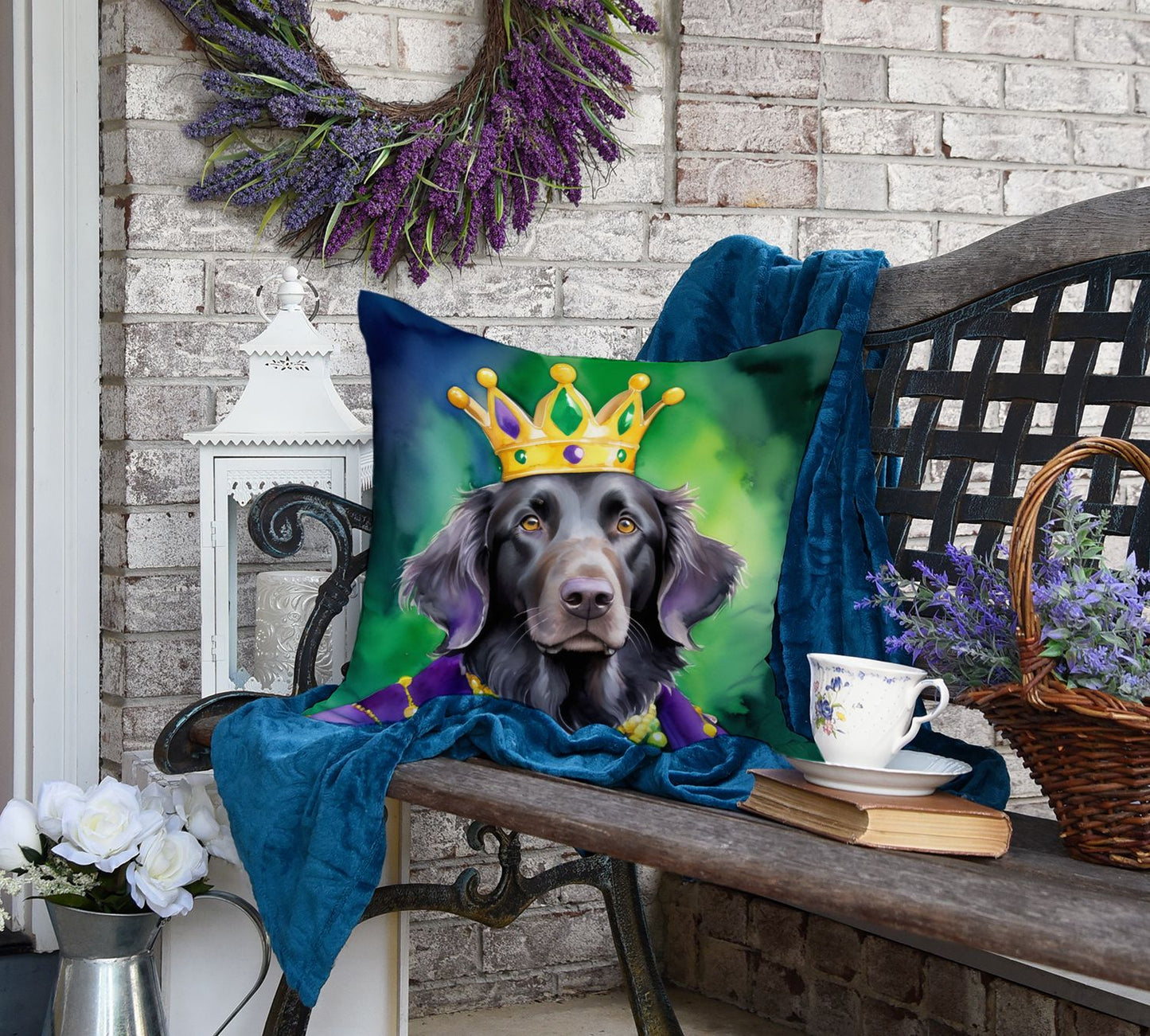 Flat-Coated Retriever King of Mardi Gras Throw Pillow Machine Washable, Indoor Outdoor Decorative Pillow for Couch, Bed or Patio, 18Hx18W