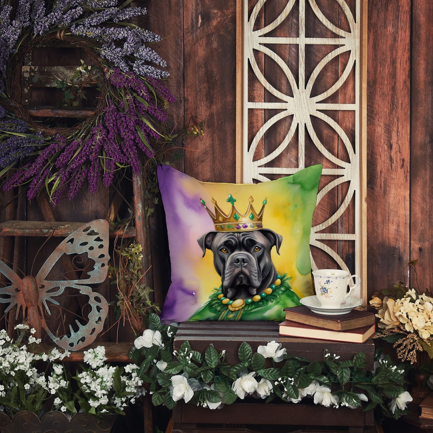 Cane Corso King of Mardi Gras Throw Pillow Machine Washable, Indoor Outdoor Decorative Pillow for Couch, Bed or Patio, 18Hx18W
