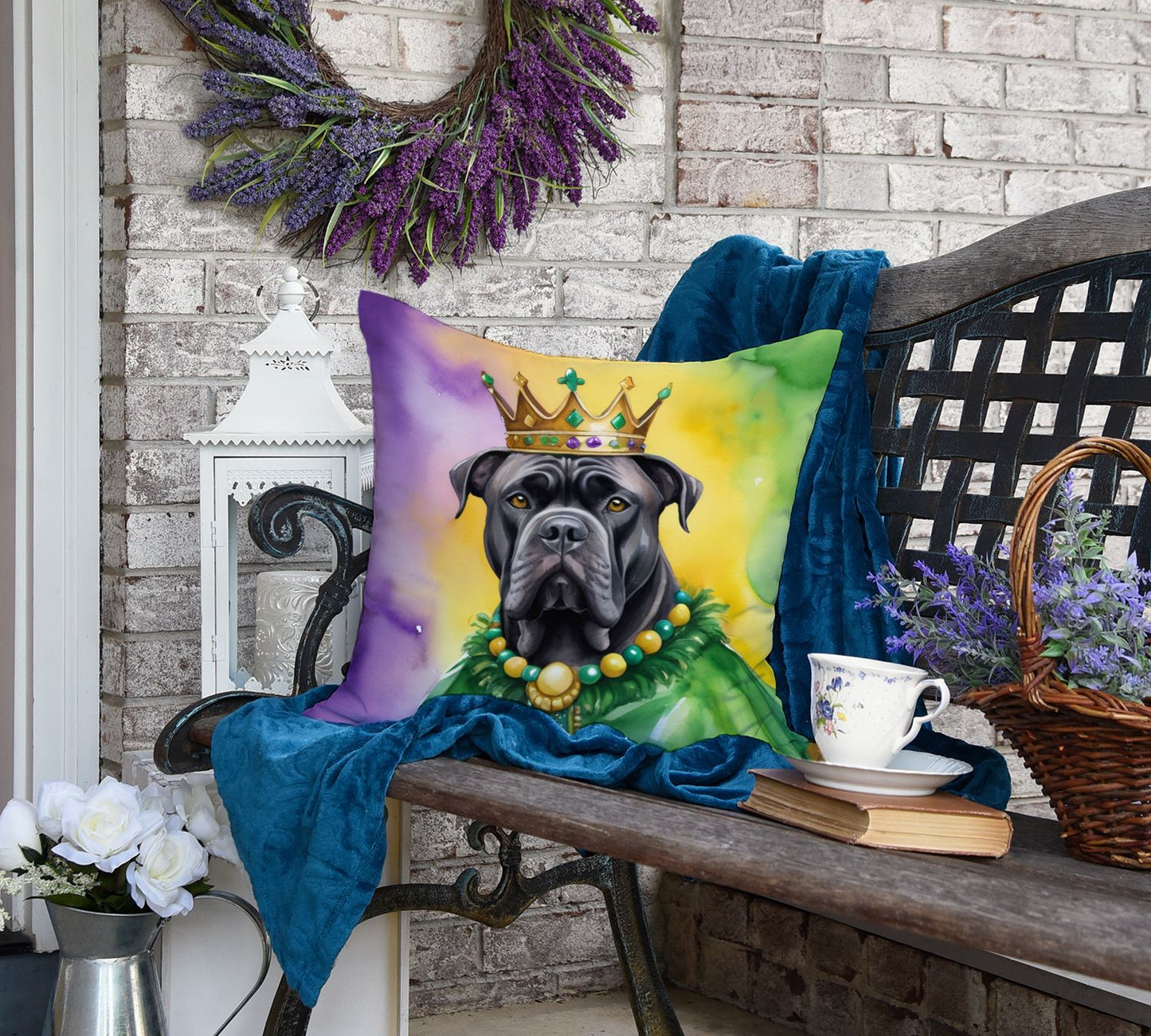 Cane Corso King of Mardi Gras Throw Pillow Machine Washable, Indoor Outdoor Decorative Pillow for Couch, Bed or Patio, 18Hx18W