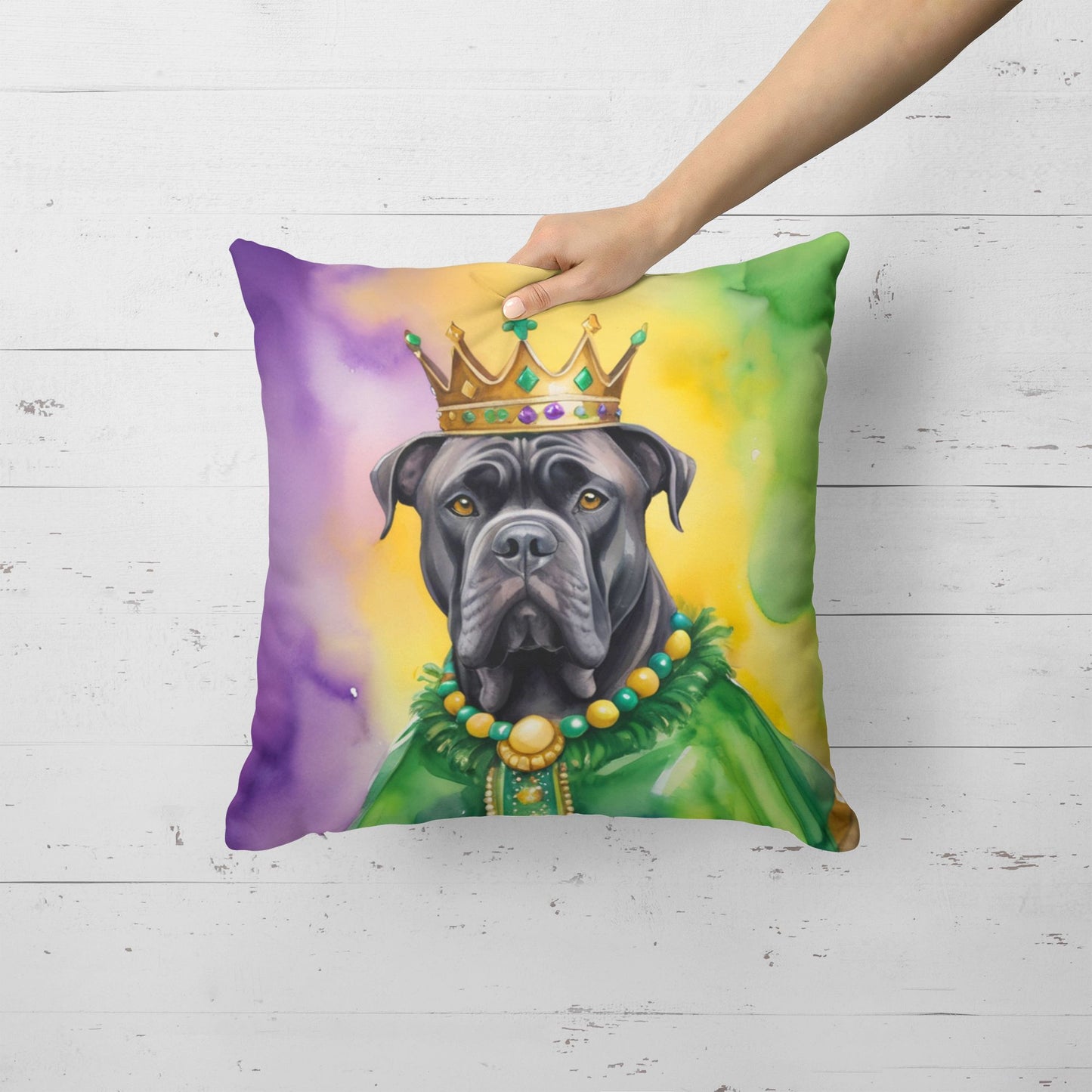 Cane Corso King of Mardi Gras Throw Pillow Machine Washable, Indoor Outdoor Decorative Pillow for Couch, Bed or Patio, 18Hx18W