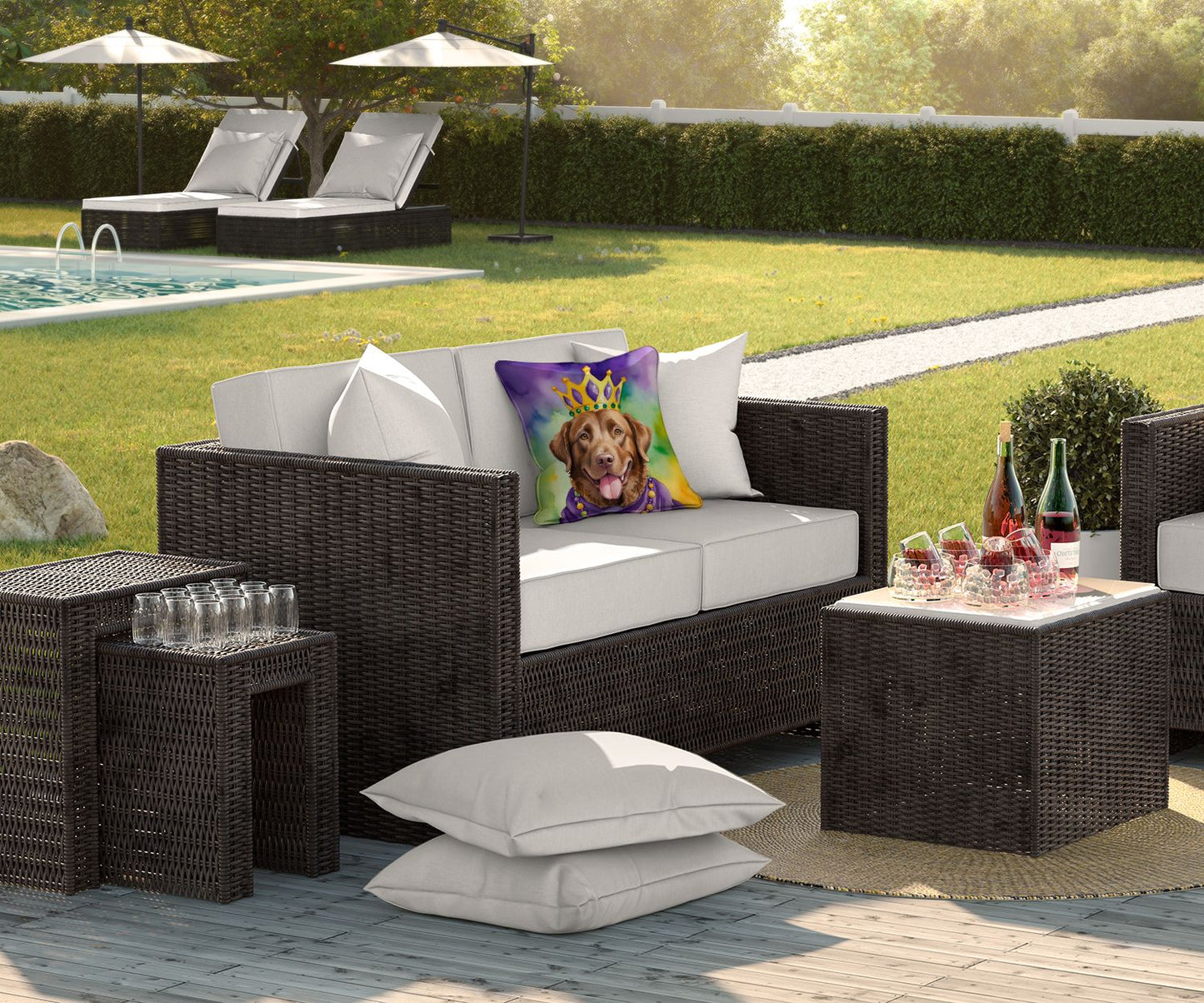 Chesapeake Bay Retriever King of Mardi Gras Throw Pillow Machine Washable, Indoor Outdoor Decorative Pillow for Couch, Bed or Patio, 18Hx18W