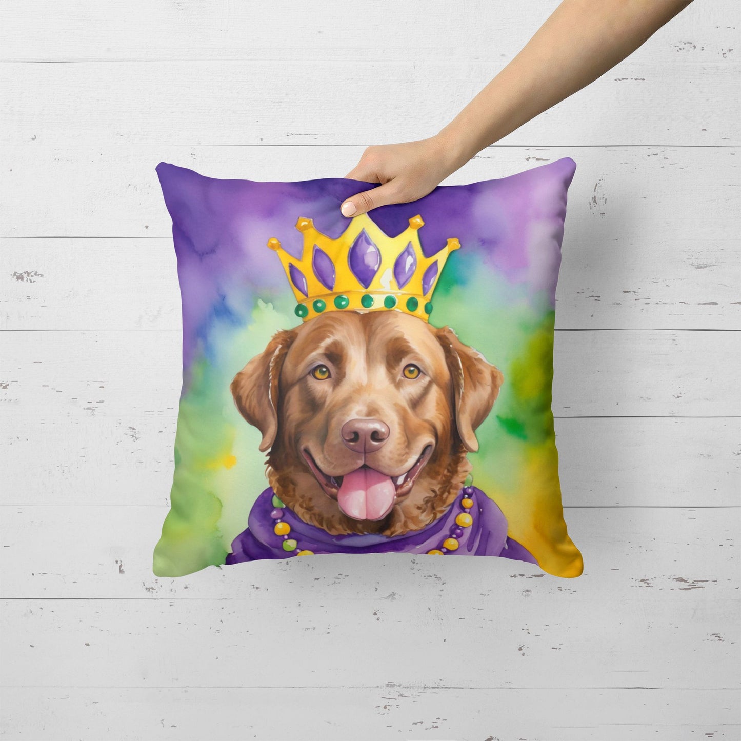 Chesapeake Bay Retriever King of Mardi Gras Throw Pillow Machine Washable, Indoor Outdoor Decorative Pillow for Couch, Bed or Patio, 18Hx18W