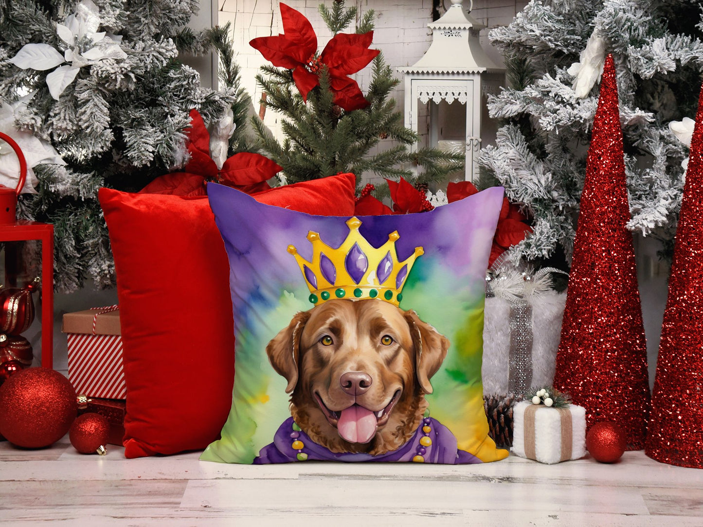 Chesapeake Bay Retriever King of Mardi Gras Throw Pillow Machine Washable, Indoor Outdoor Decorative Pillow for Couch, Bed or Patio, 18Hx18W