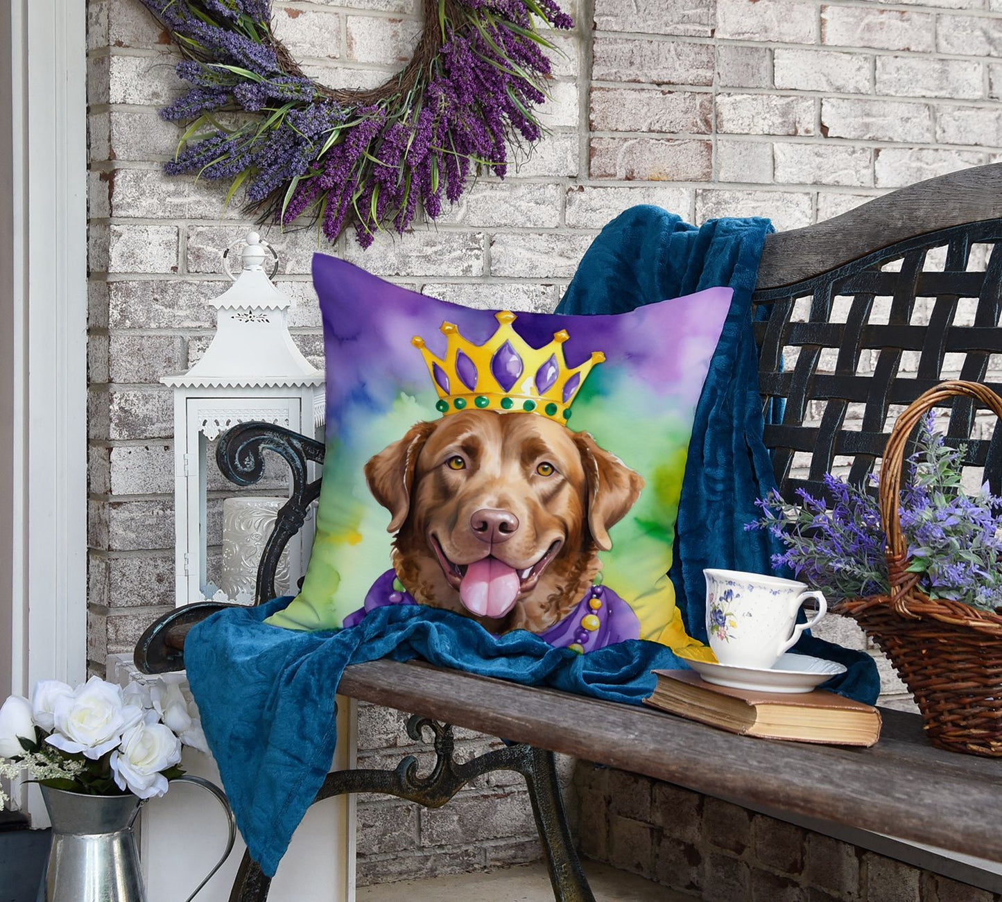 Chesapeake Bay Retriever King of Mardi Gras Throw Pillow Machine Washable, Indoor Outdoor Decorative Pillow for Couch, Bed or Patio, 18Hx18W