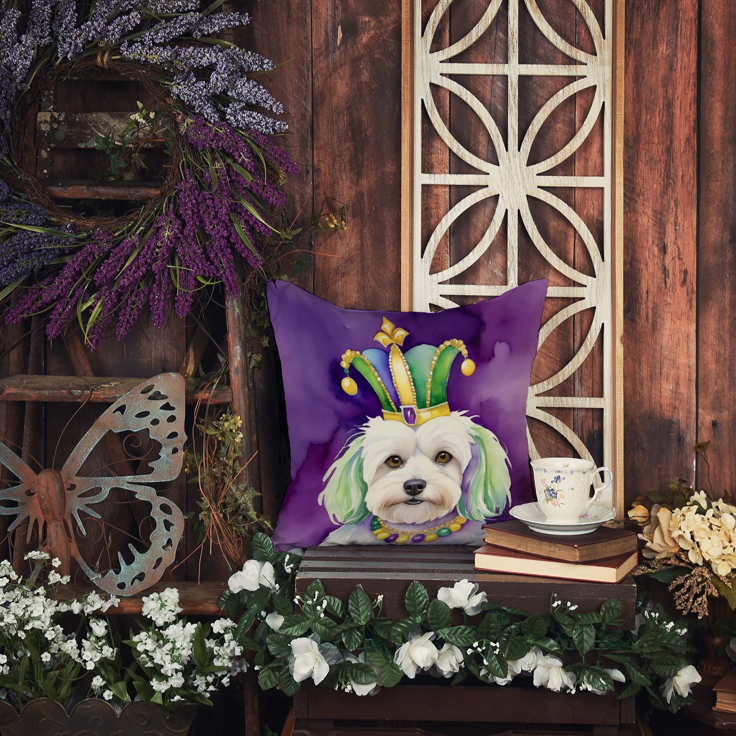 Coton de Tulear King of Mardi Gras Throw Pillow Machine Washable, Indoor Outdoor Decorative Pillow for Couch, Bed or Patio, 18Hx18W
