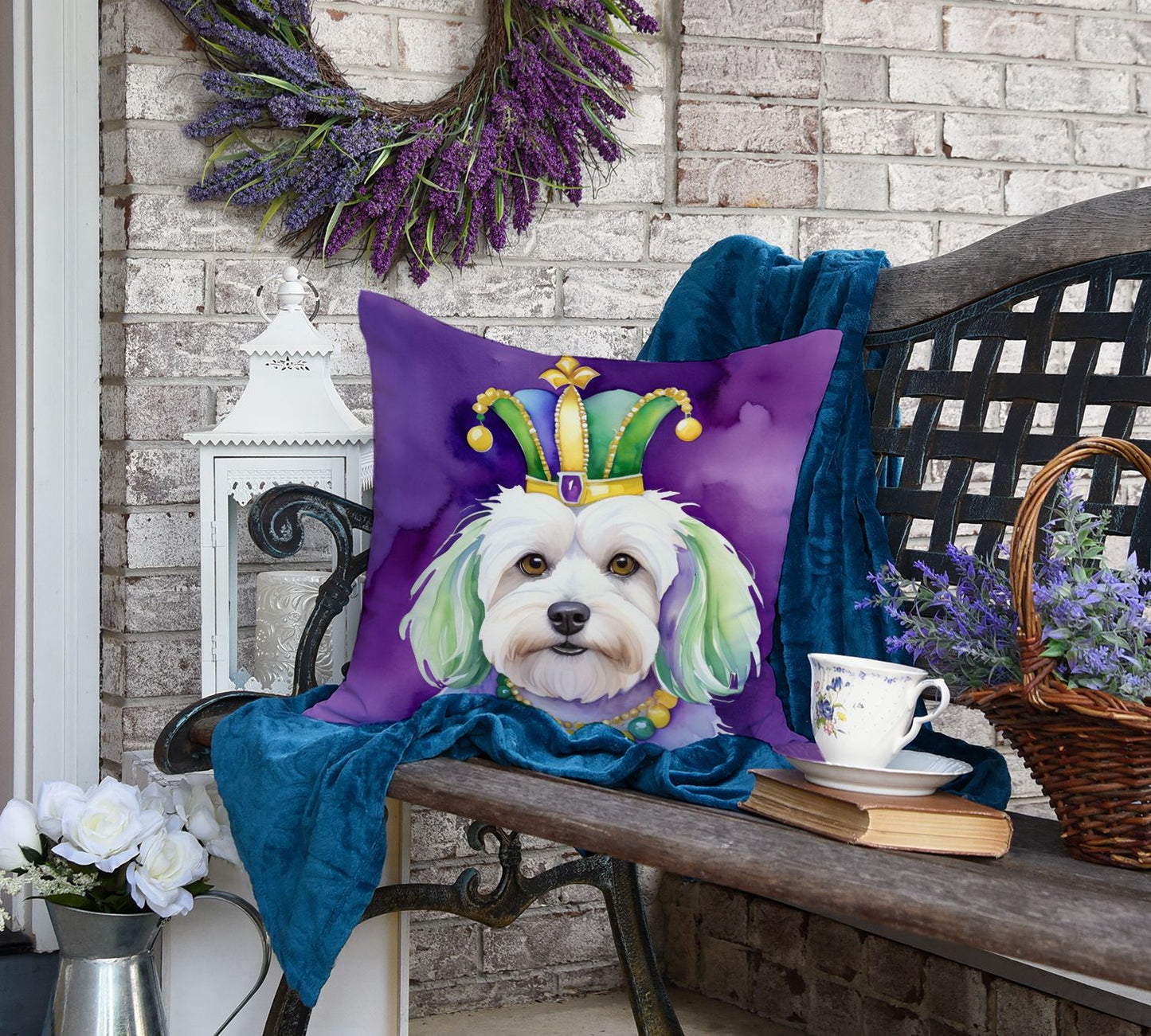 Coton de Tulear King of Mardi Gras Throw Pillow Machine Washable, Indoor Outdoor Decorative Pillow for Couch, Bed or Patio, 18Hx18W