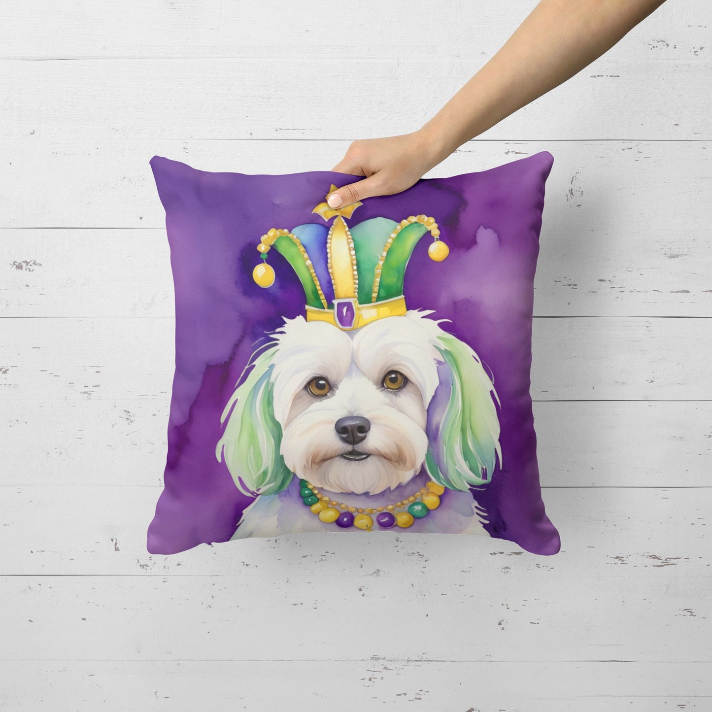 Coton de Tulear King of Mardi Gras Throw Pillow Machine Washable, Indoor Outdoor Decorative Pillow for Couch, Bed or Patio, 18Hx18W