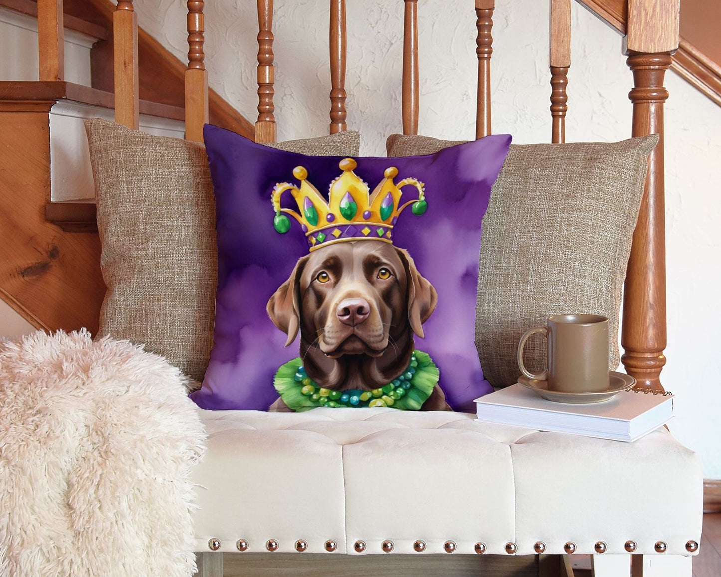 Labrador Retriever King of Mardi Gras Throw Pillow Machine Washable, Indoor Outdoor Decorative Pillow for Couch, Bed or Patio, 14Hx14W