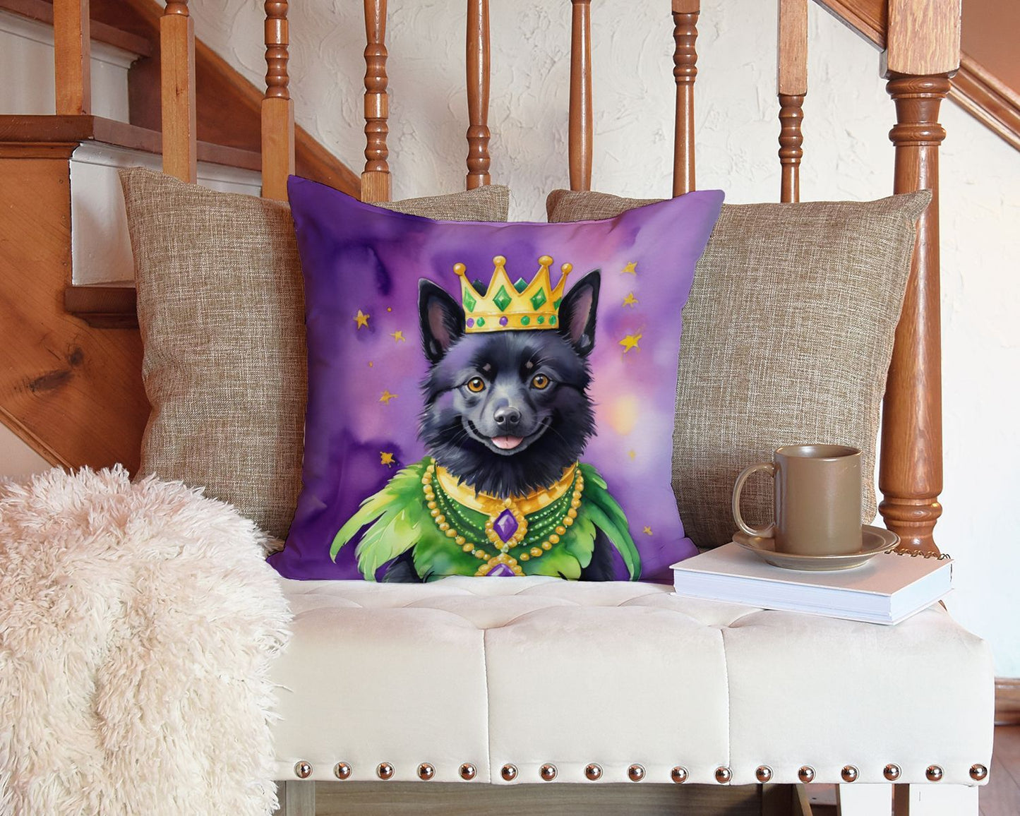 Schipperke King of Mardi Gras Throw Pillow Machine Washable, Indoor Outdoor Decorative Pillow for Couch, Bed or Patio, 14Hx14W