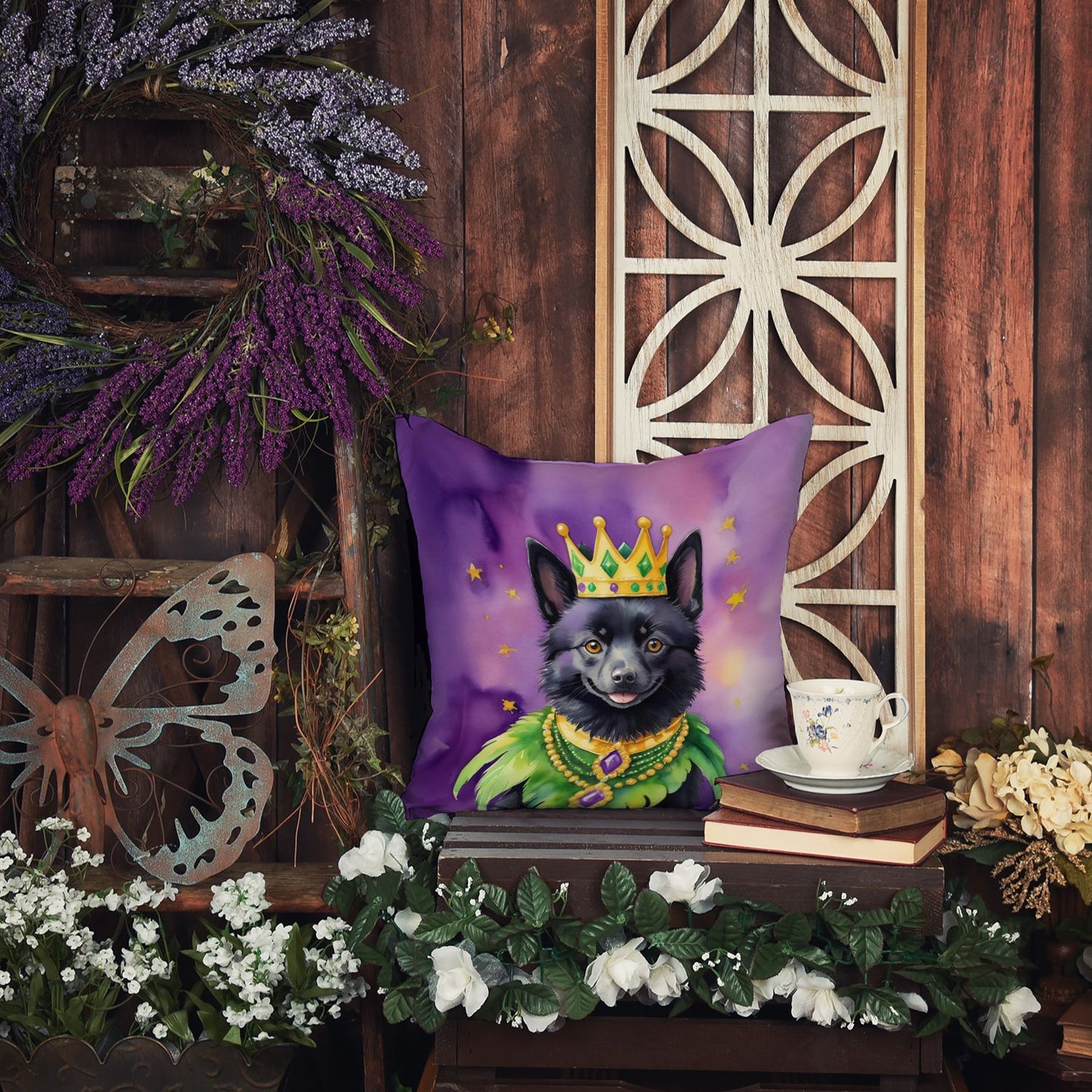 Schipperke King of Mardi Gras Throw Pillow Machine Washable, Indoor Outdoor Decorative Pillow for Couch, Bed or Patio, 14Hx14W