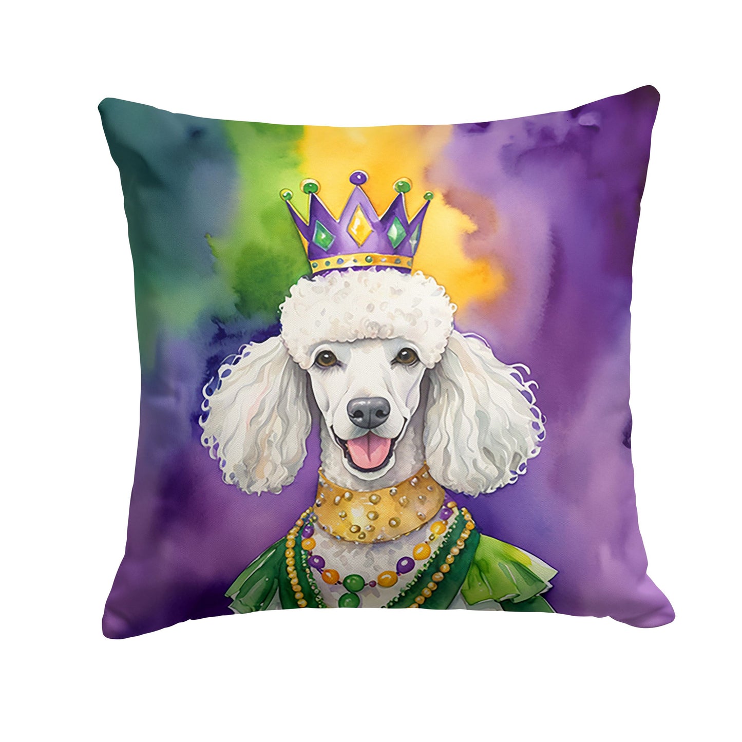 White Poodle King of Mardi Gras Throw Pillow Machine Washable, Indoor Outdoor Decorative Pillow for Couch, Bed or Patio, 14Hx14W