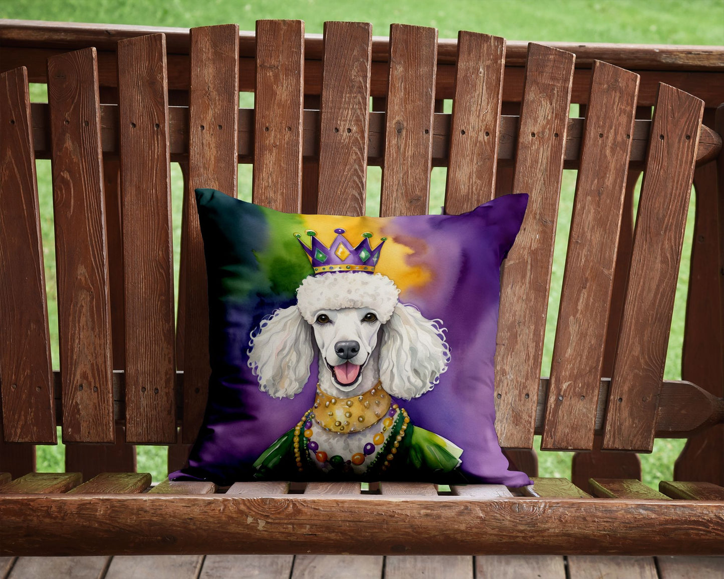 White Poodle King of Mardi Gras Throw Pillow Machine Washable, Indoor Outdoor Decorative Pillow for Couch, Bed or Patio, 14Hx14W