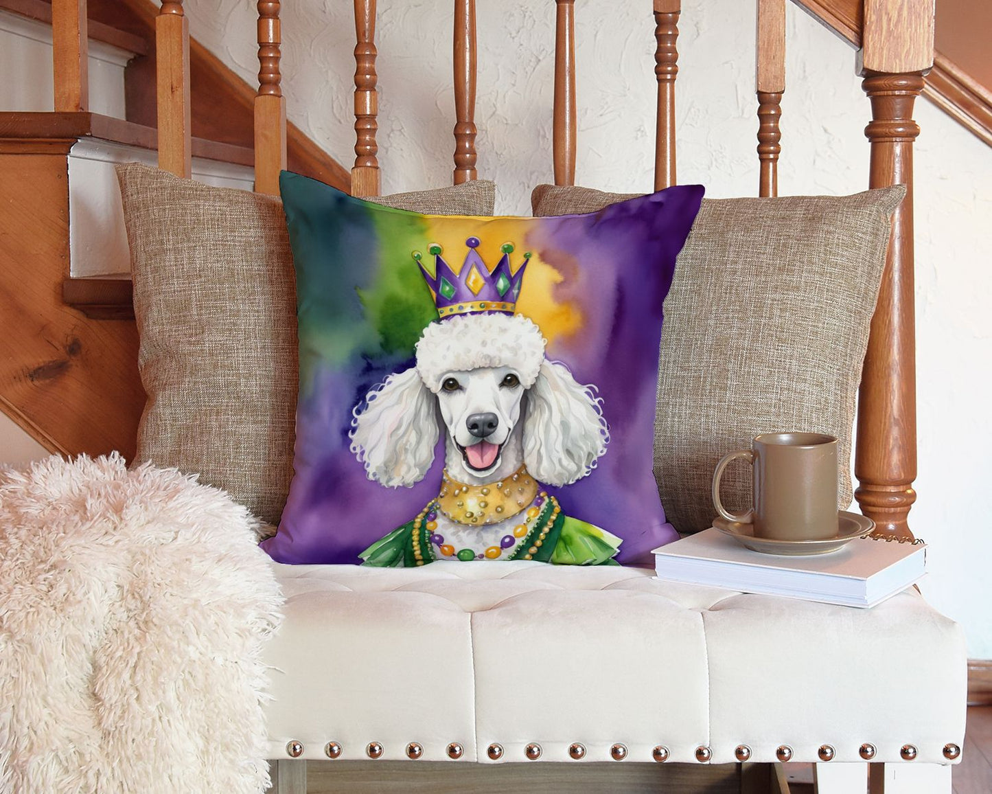 White Poodle King of Mardi Gras Throw Pillow Machine Washable, Indoor Outdoor Decorative Pillow for Couch, Bed or Patio, 14Hx14W