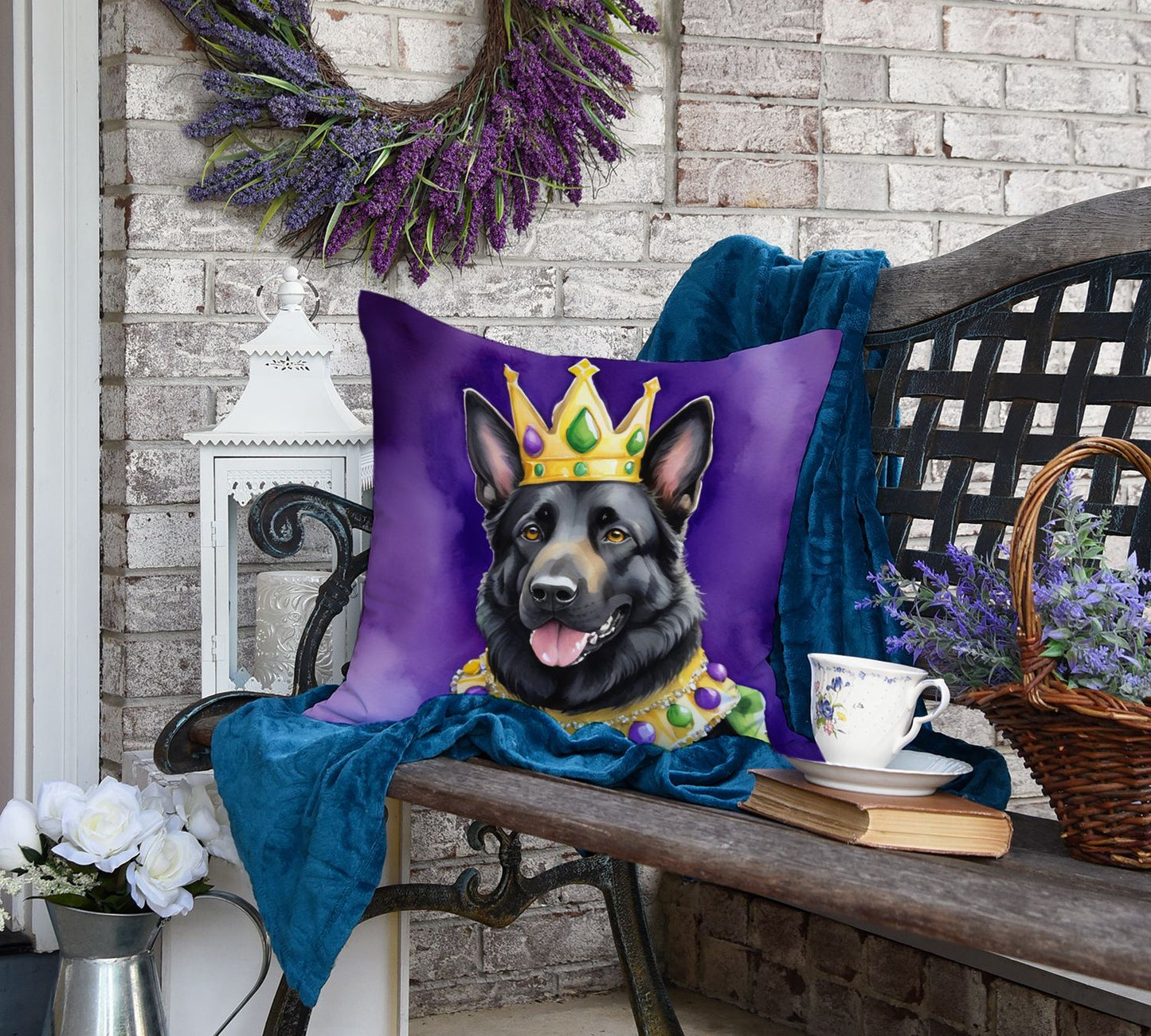 Black German Shepherd King of Mardi Gras Throw Pillow Machine Washable, Indoor Outdoor Decorative Pillow for Couch, Bed or Patio, 18Hx18W