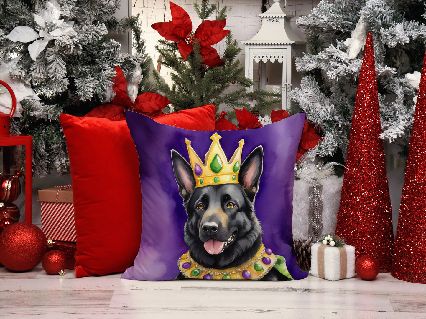 Black German Shepherd King of Mardi Gras Throw Pillow Machine Washable, Indoor Outdoor Decorative Pillow for Couch, Bed or Patio, 18Hx18W