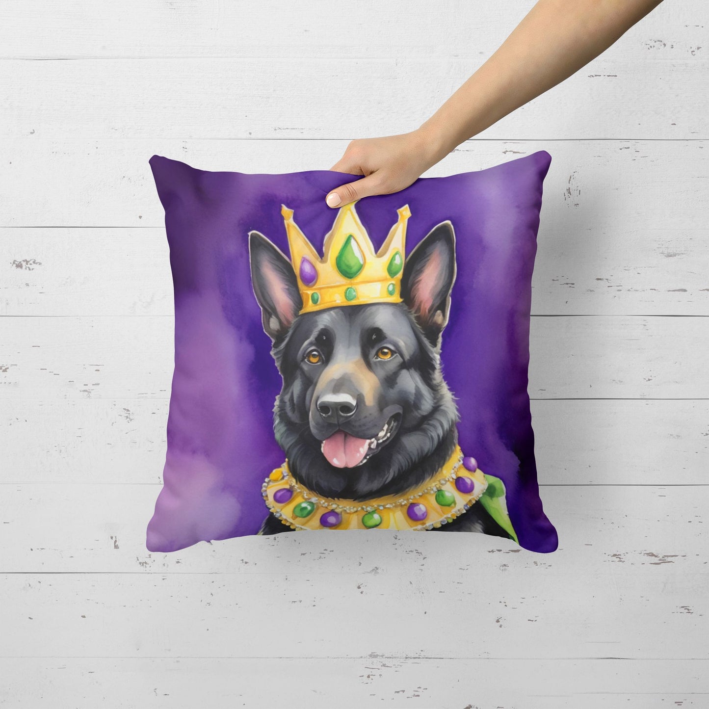 Black German Shepherd King of Mardi Gras Throw Pillow Machine Washable, Indoor Outdoor Decorative Pillow for Couch, Bed or Patio, 18Hx18W