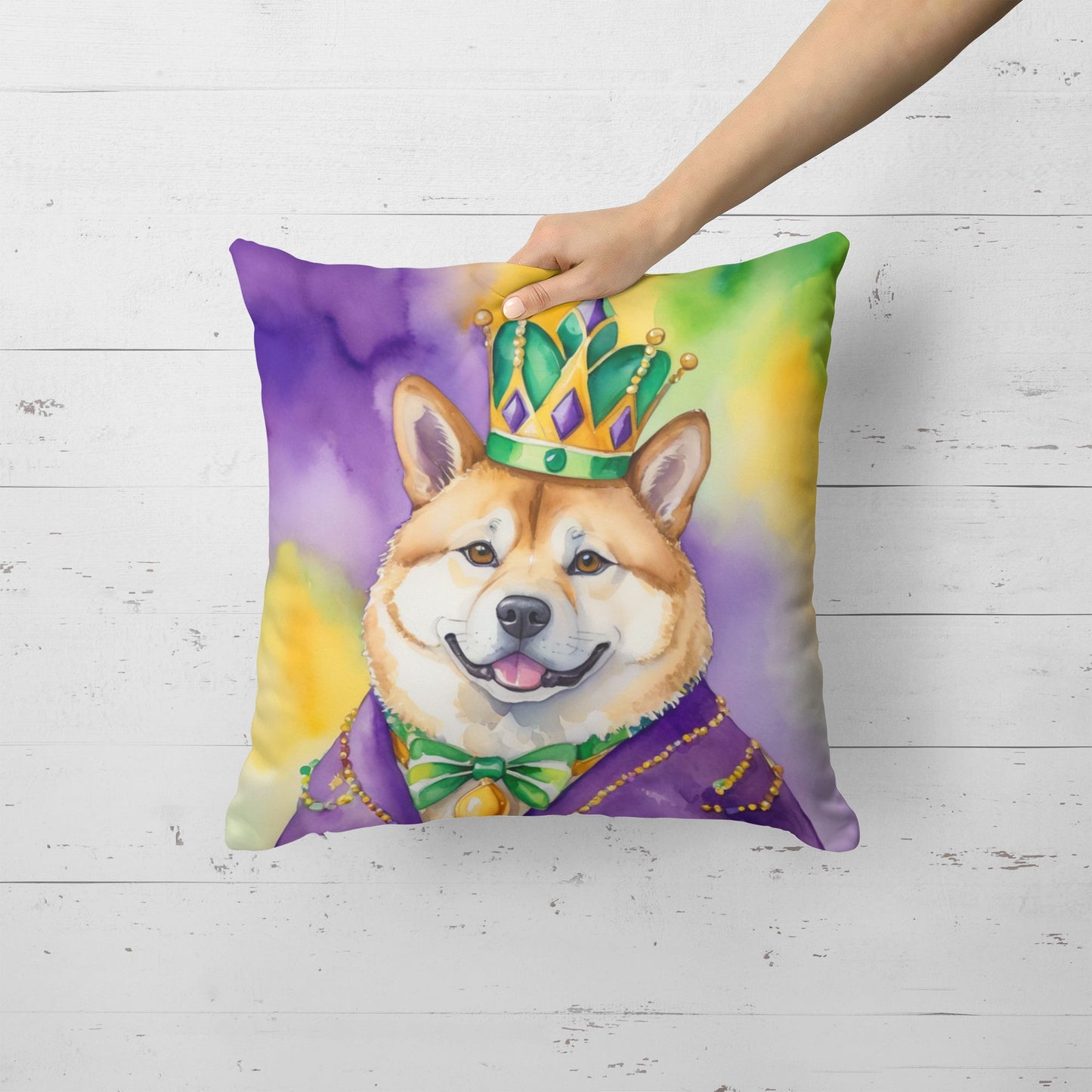 Akita King of Mardi Gras Throw Pillow Machine Washable, Indoor Outdoor Decorative Pillow for Couch, Bed or Patio, 18Hx18W