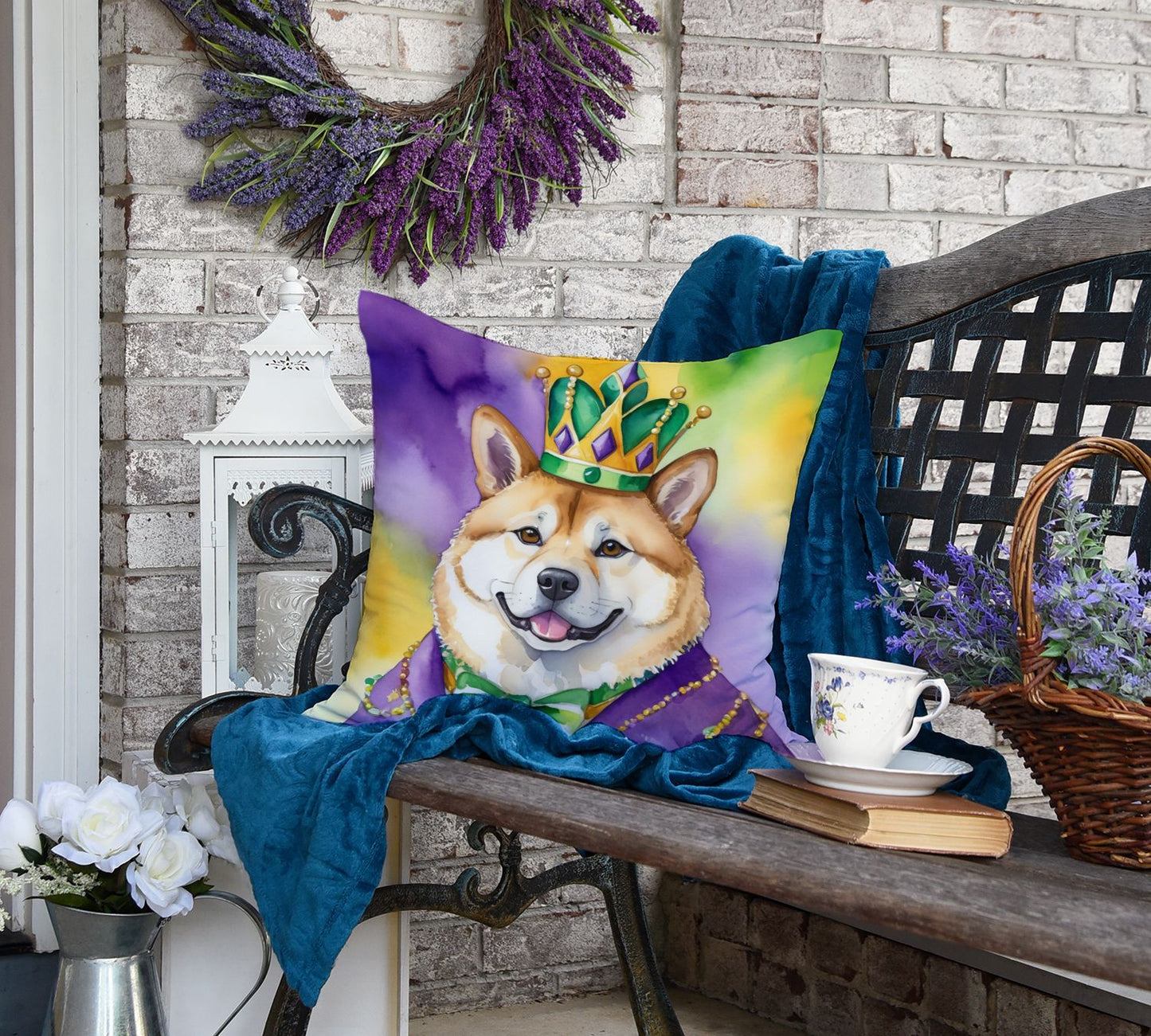 Akita King of Mardi Gras Throw Pillow Machine Washable, Indoor Outdoor Decorative Pillow for Couch, Bed or Patio, 18Hx18W