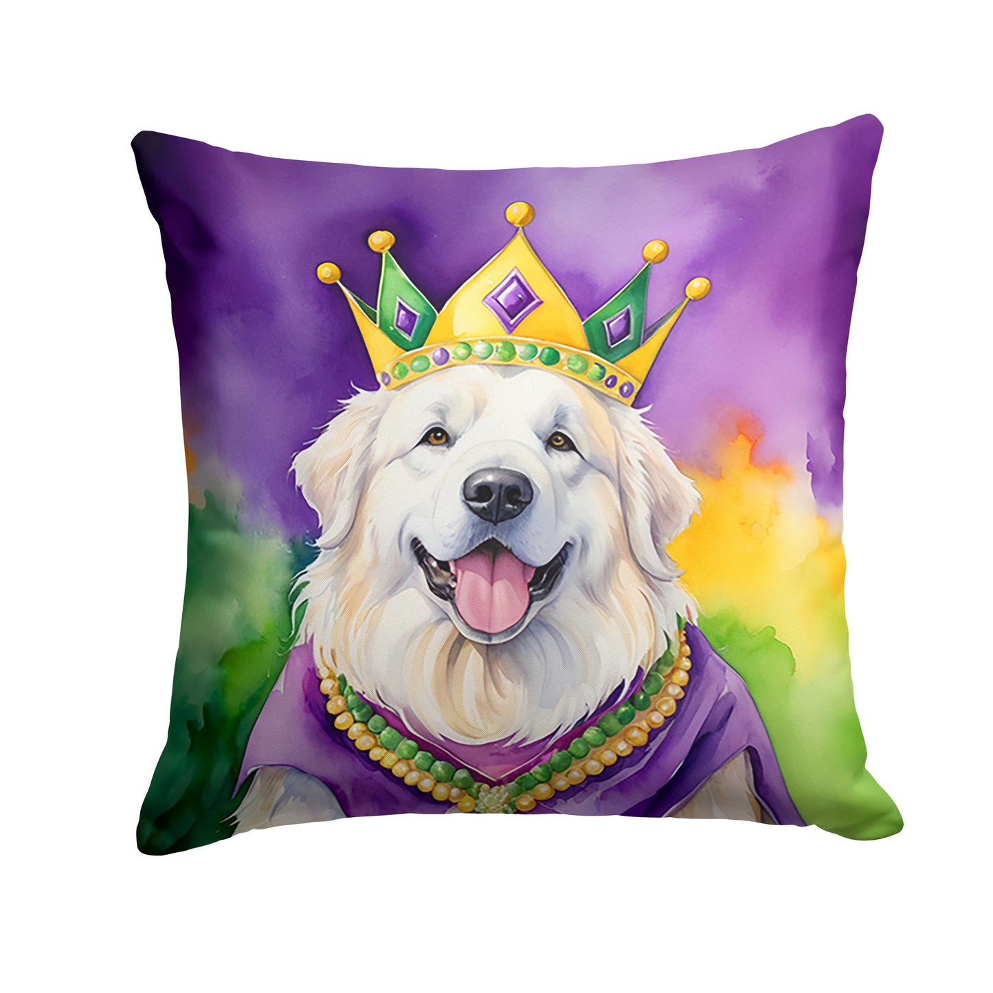Great Pyrenees King of Mardi Gras Throw Pillow Machine Washable, Indoor Outdoor Decorative Pillow for Couch, Bed or Patio, 18Hx18W