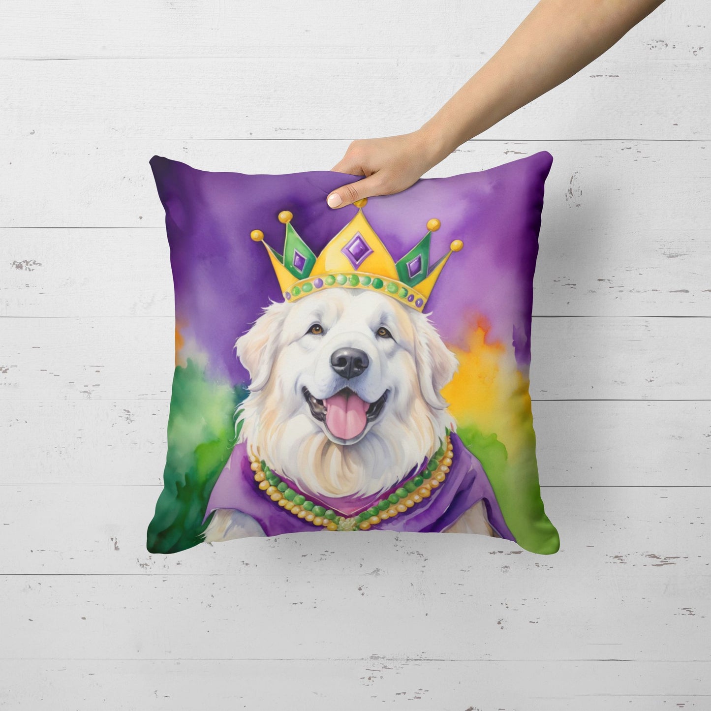 Great Pyrenees King of Mardi Gras Throw Pillow Machine Washable, Indoor Outdoor Decorative Pillow for Couch, Bed or Patio, 18Hx18W