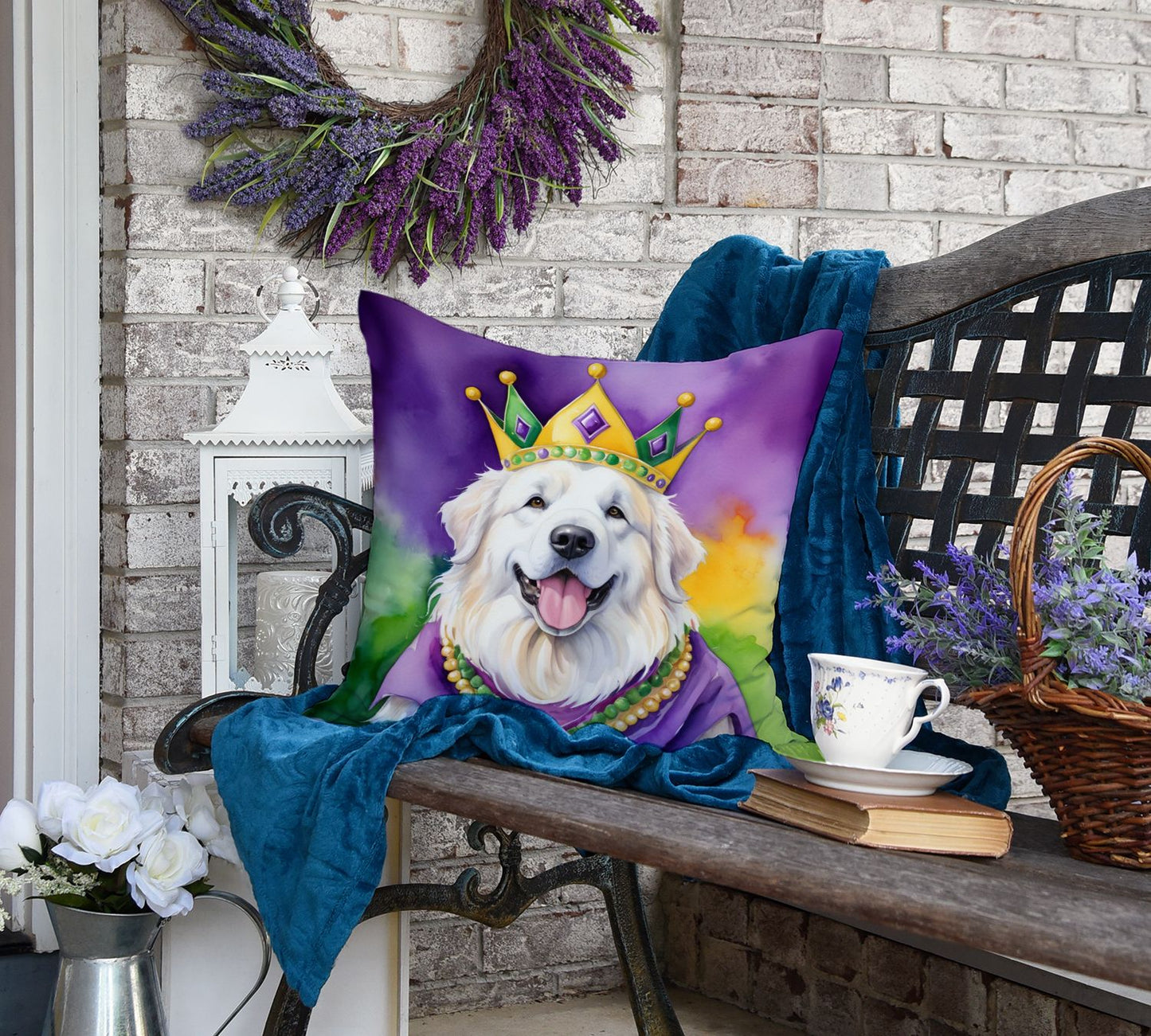 Great Pyrenees King of Mardi Gras Throw Pillow Machine Washable, Indoor Outdoor Decorative Pillow for Couch, Bed or Patio, 18Hx18W