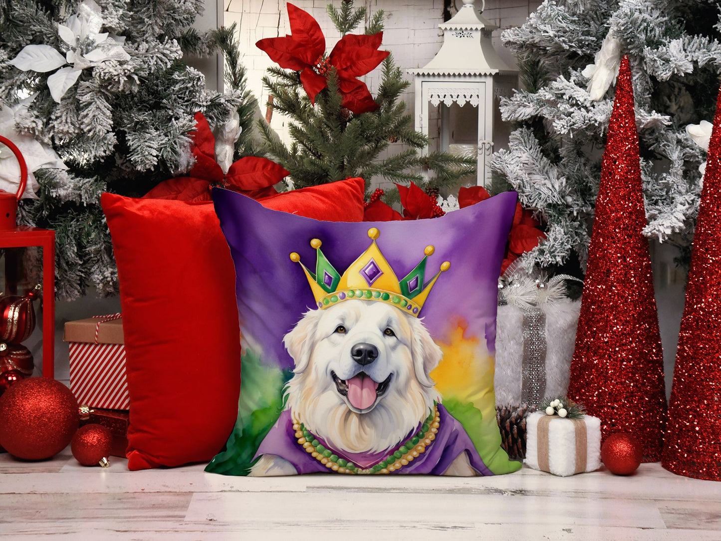 Great Pyrenees King of Mardi Gras Throw Pillow Machine Washable, Indoor Outdoor Decorative Pillow for Couch, Bed or Patio, 18Hx18W
