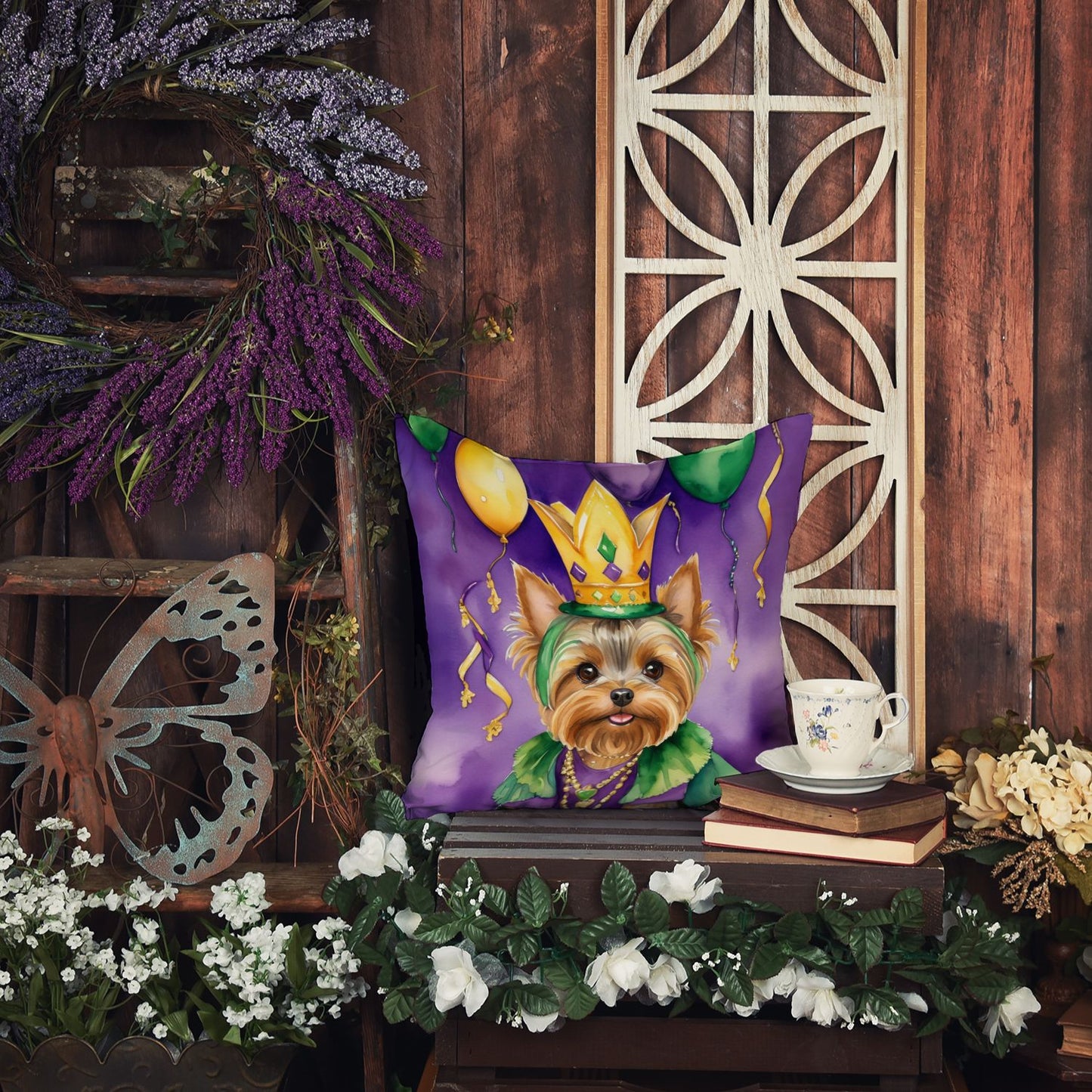 Yorkshire Terrier King of Mardi Gras Throw Pillow Machine Washable, Indoor Outdoor Decorative Pillow for Couch, Bed or Patio, 14Hx14W