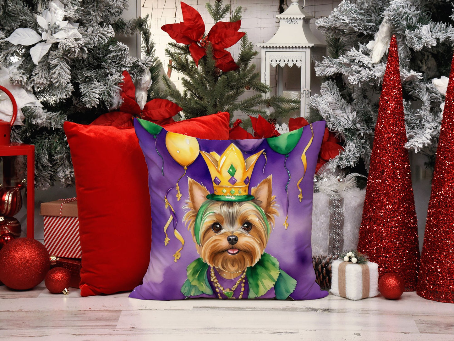 Yorkshire Terrier King of Mardi Gras Throw Pillow Machine Washable, Indoor Outdoor Decorative Pillow for Couch, Bed or Patio, 14Hx14W