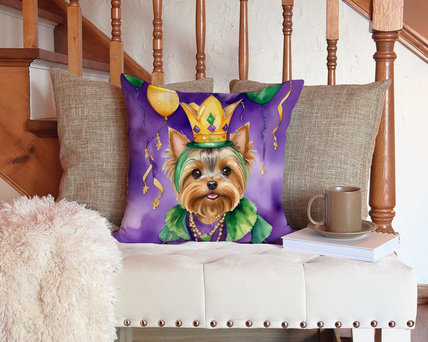 Yorkshire Terrier King of Mardi Gras Throw Pillow Machine Washable, Indoor Outdoor Decorative Pillow for Couch, Bed or Patio, 14Hx14W