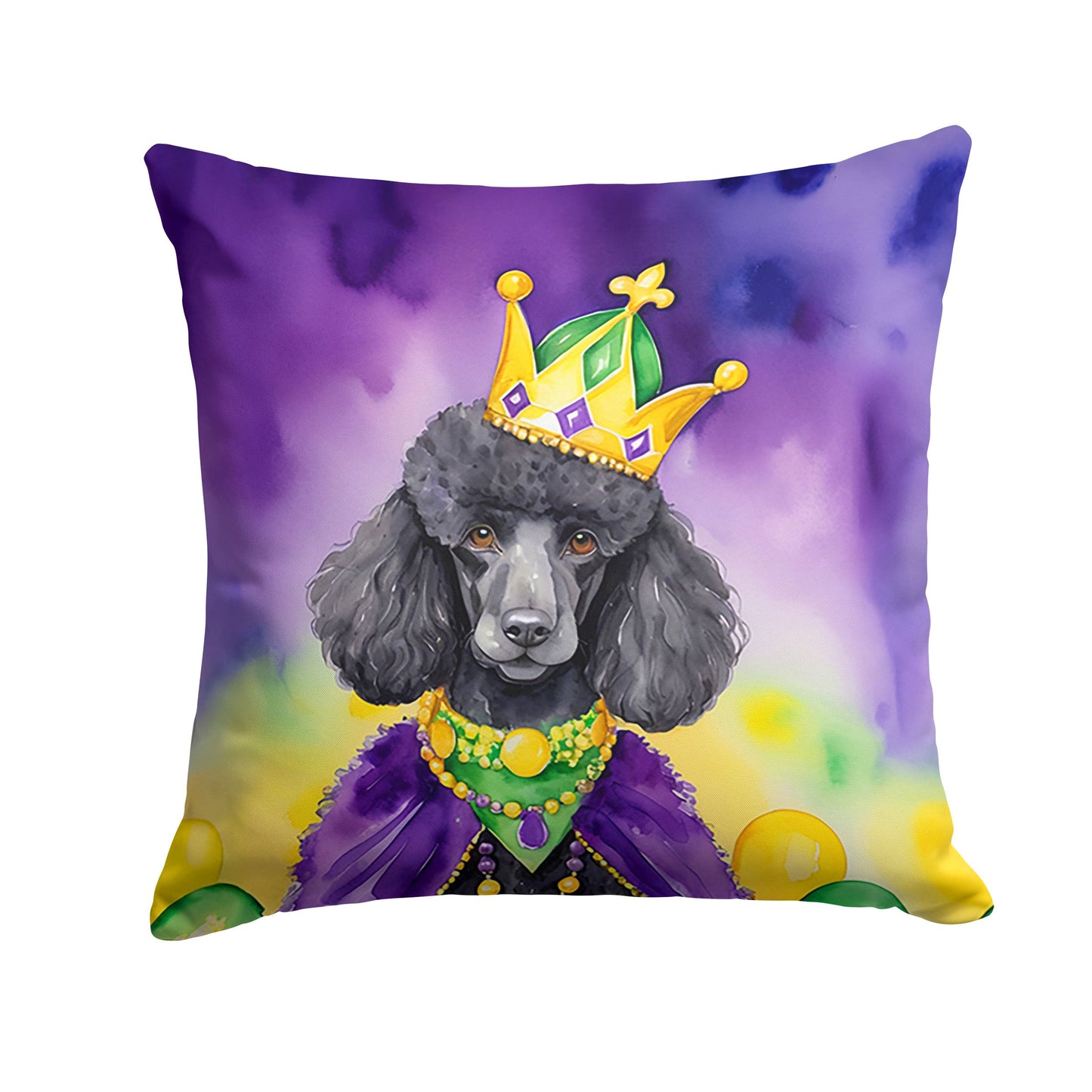 Black Poodle King of Mardi Gras Throw Pillow Machine Washable, Indoor Outdoor Decorative Pillow for Couch, Bed or Patio, 14Hx14W